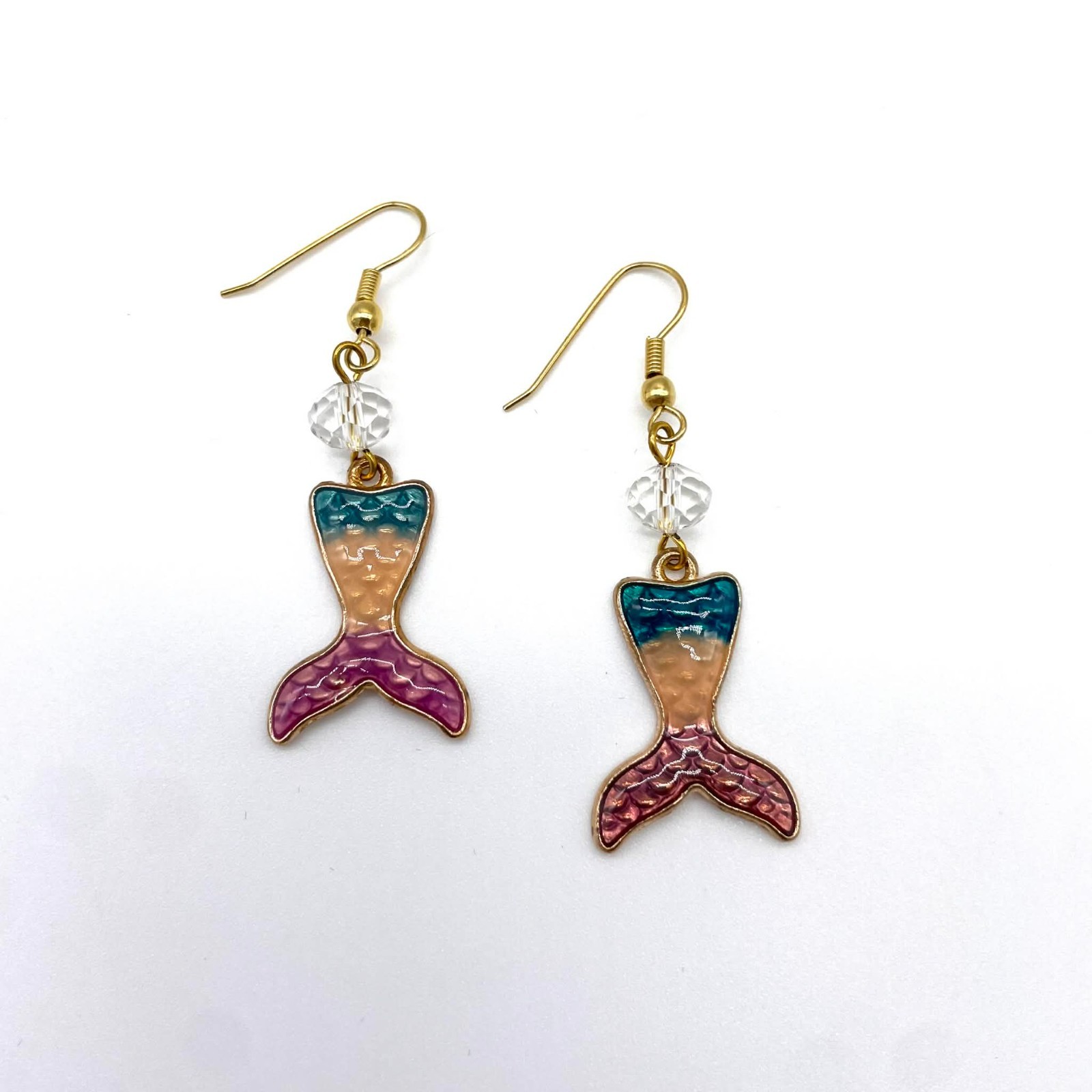 Handmade Gold-tone Mermaid Multi-colored Enamel Tail and Glass Bead Earrings