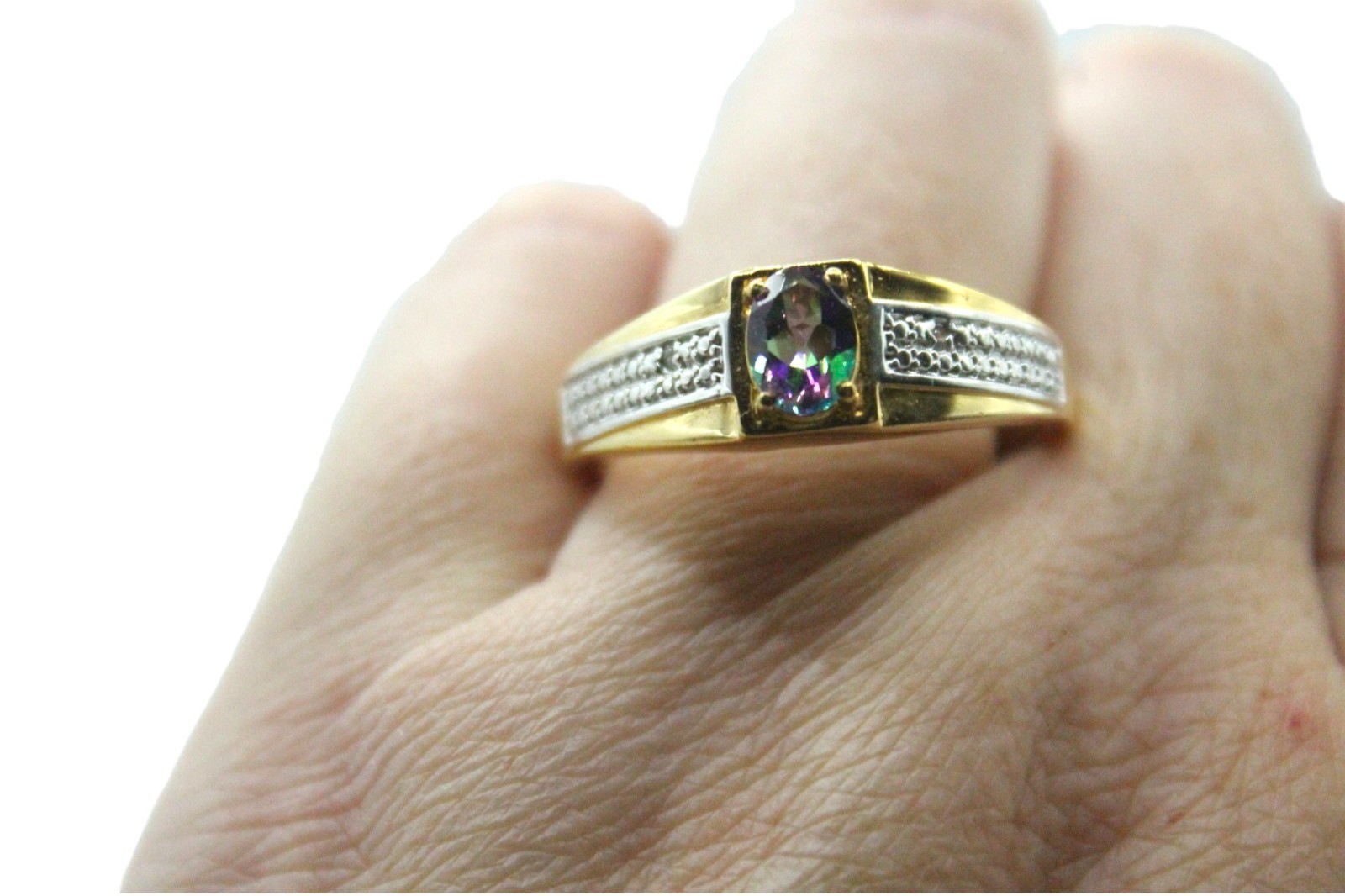 NWT STS Karis Men’s Mystic Topaz Ring Size 13 Gold Tone Illusion Setting Band
