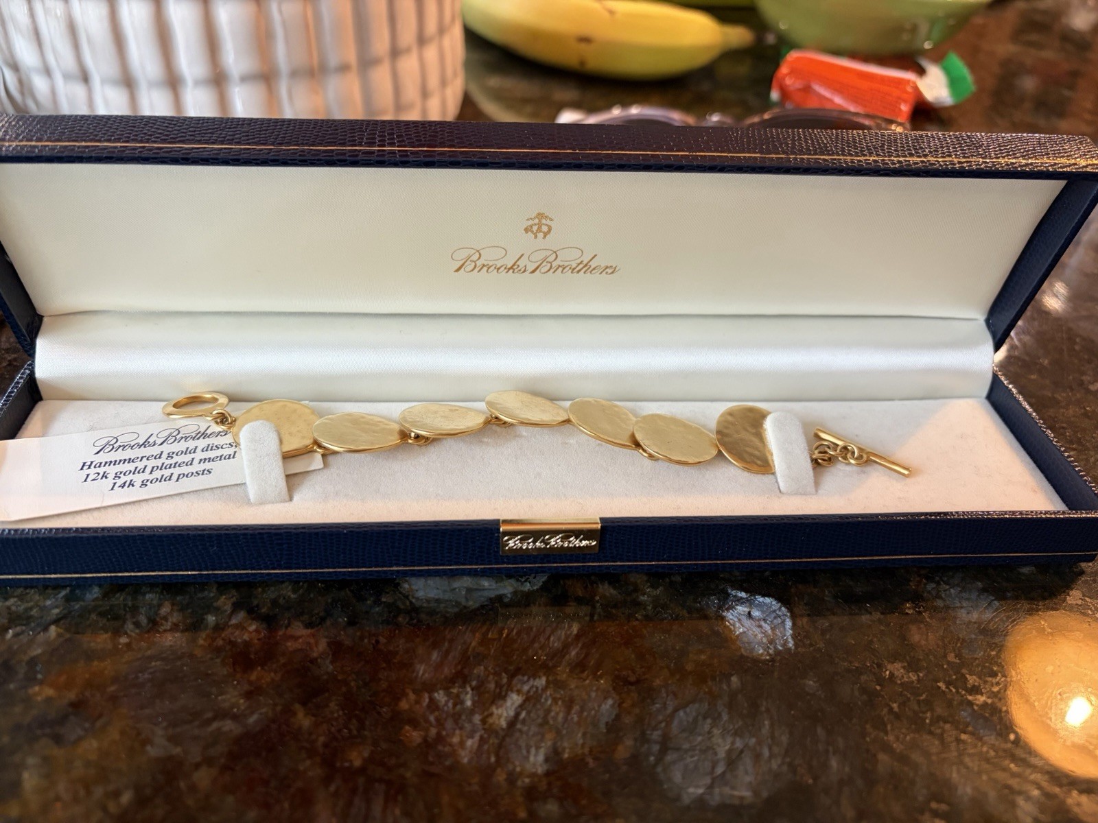 Brooks Brothers Hammered Gold Disks 12k Plated Metal 14k Gold Posts Bracelet