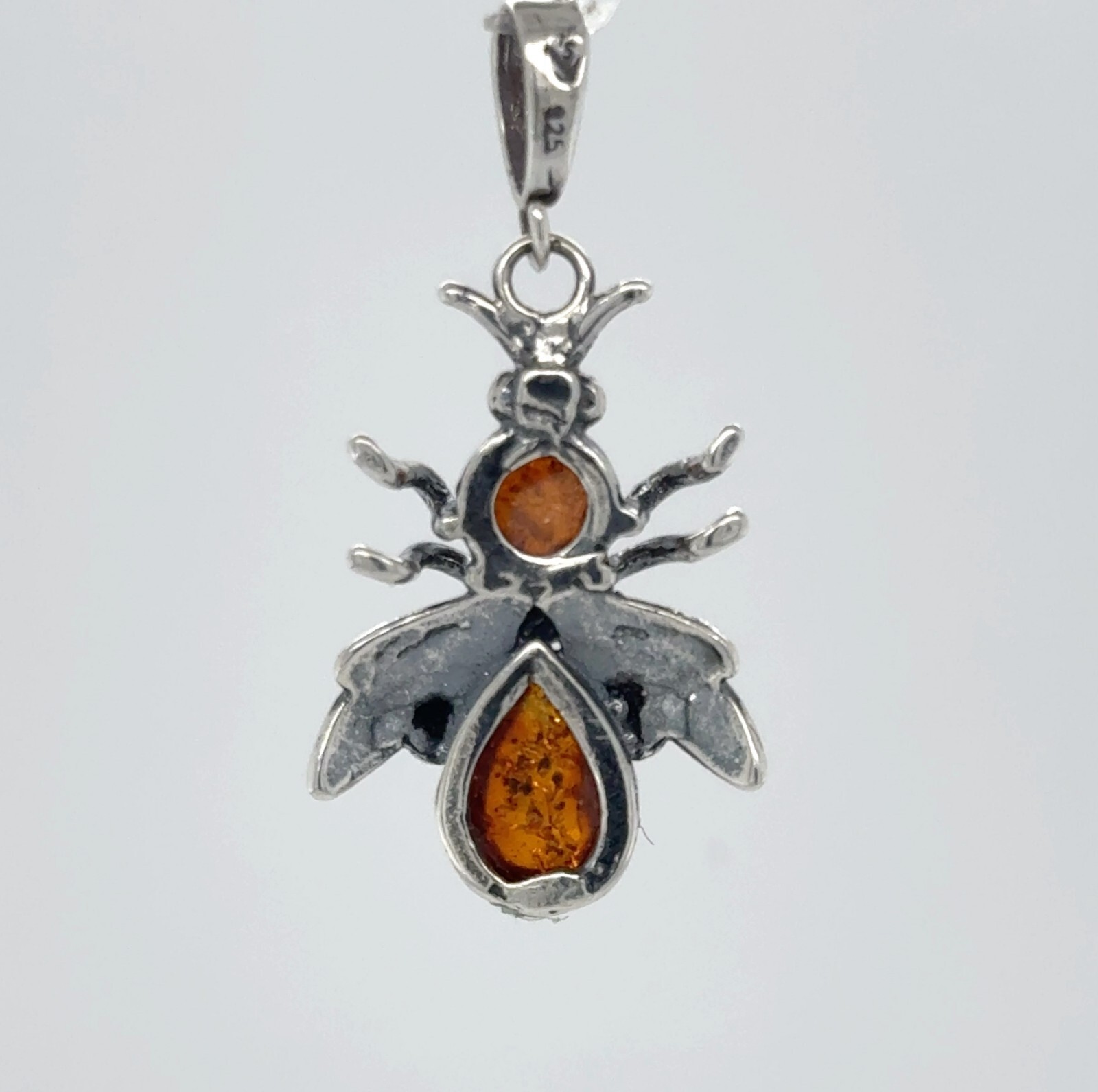 Cognac Brown BALTIC AMBER Bee Pendant in STERLING SILVER Natural Genuine #3301e
