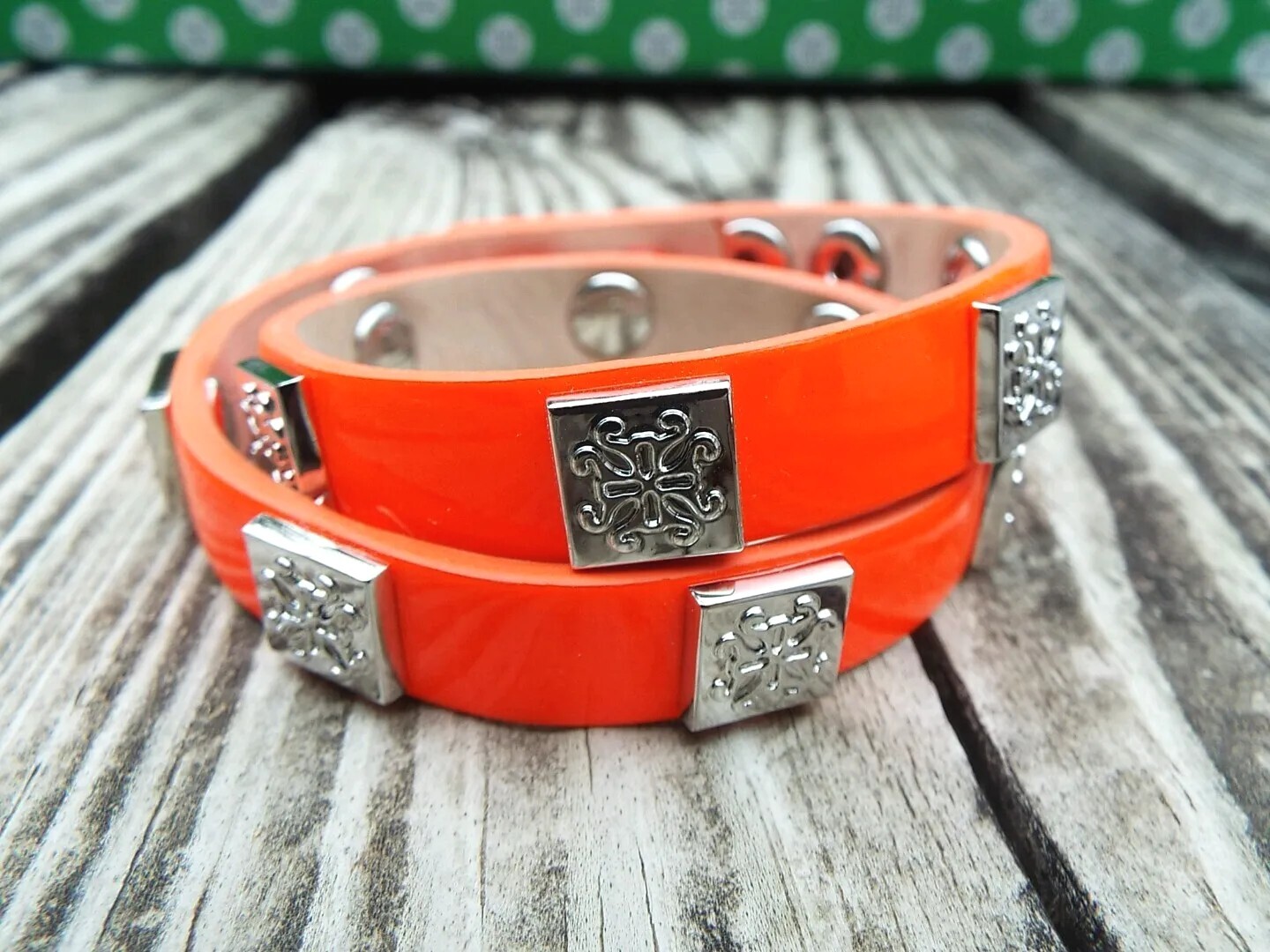 New Rustic Cuff Bracelet Neon Orange Leather Double Wrap Meagen Silver RC Logo