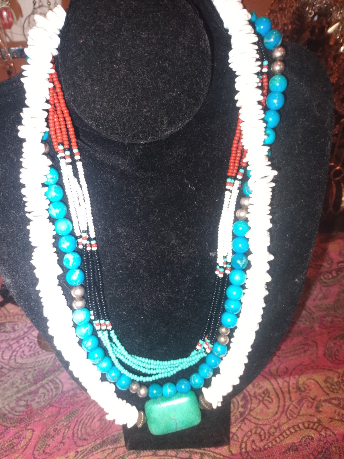 Turquoise Shell Beaded Ball Chain Multi-Strand Layered Necklace Bohemian