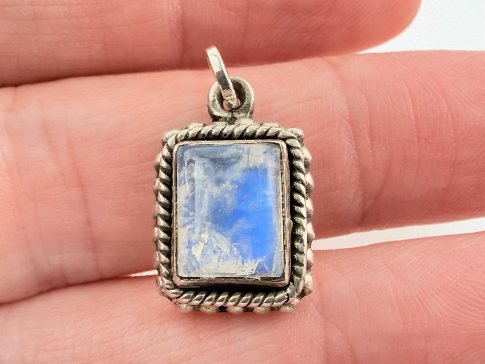Vintage Sterling Silver Blue Moonstone Rectangular Cabochon Pendant Charm .75 In