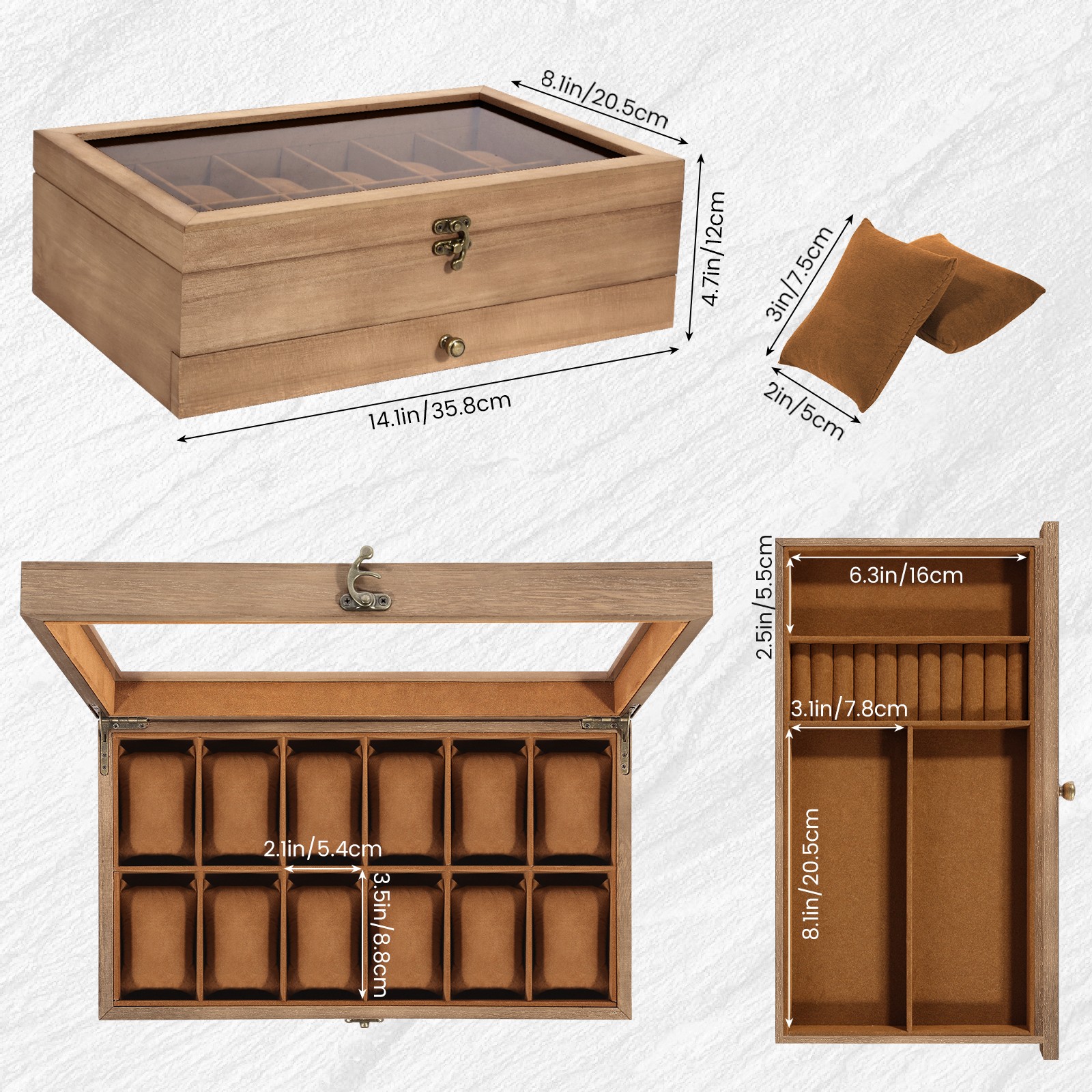 12 Slot Solid Wood Watch Box Clear Glass Top, Men’s Jewelry Display Storage Case