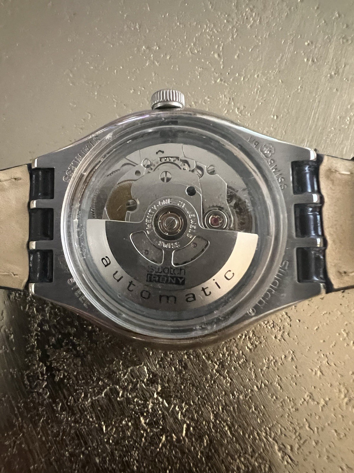 Swatch Irony Automatic 34mm Silver Dial Roman Numerals Date Black Leather