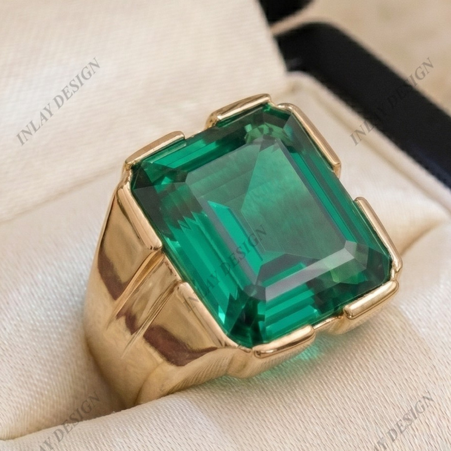 Green Emerald Cut Men’s Band Ring 14K Yellow Gold Plated Gemstone Ring For Him