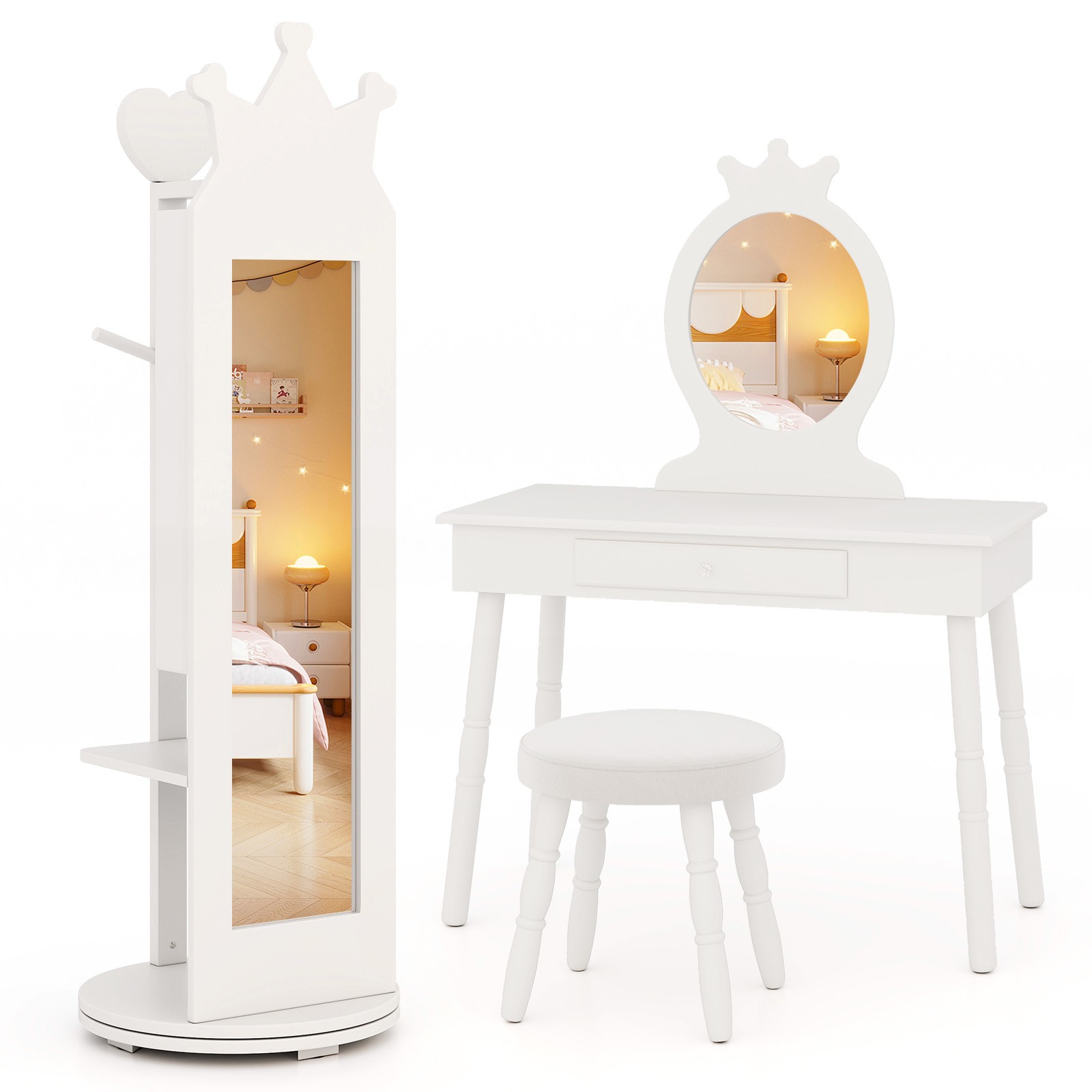 Kids Vanity Set Princess Makeup Dressing Table and Chair Set w/ Coat Rack