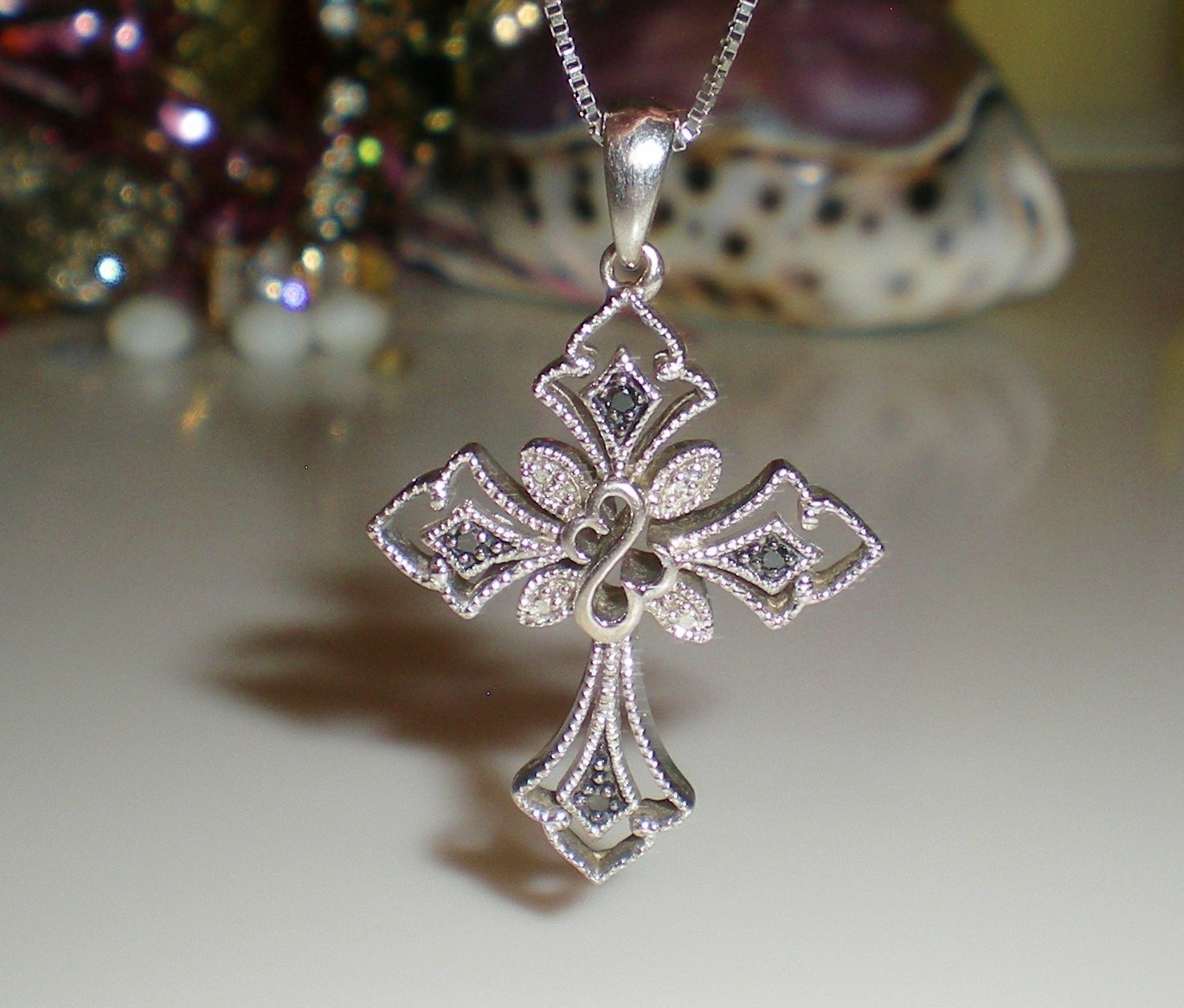 Jane Seymour SS Open Hearts Gothic CROSS 1/6ct Diamond Necklace 💎 KAY BOX 💎