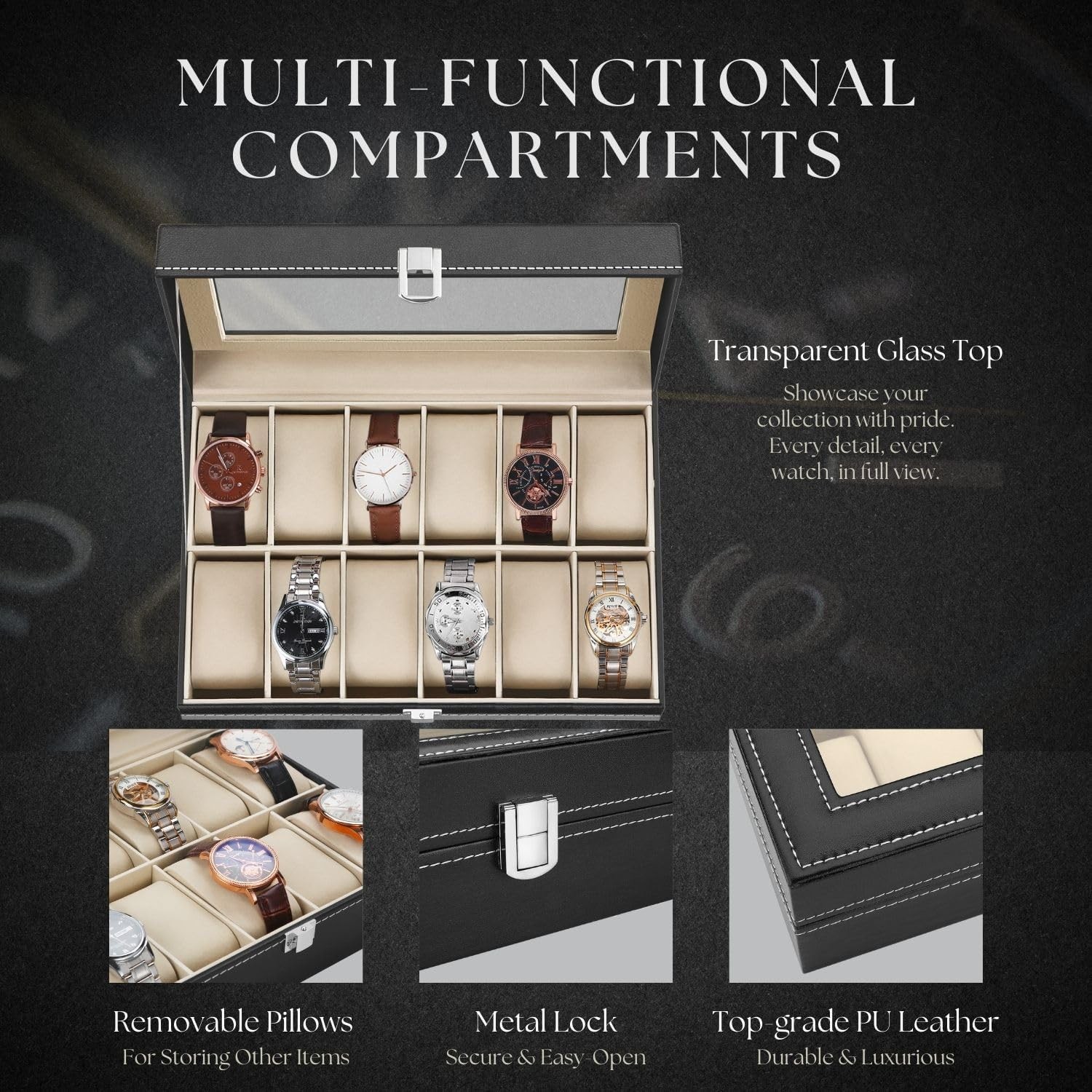 12 Slots Wrist Watch Display Box Storage Holder PU Leather Organizer Case NEW