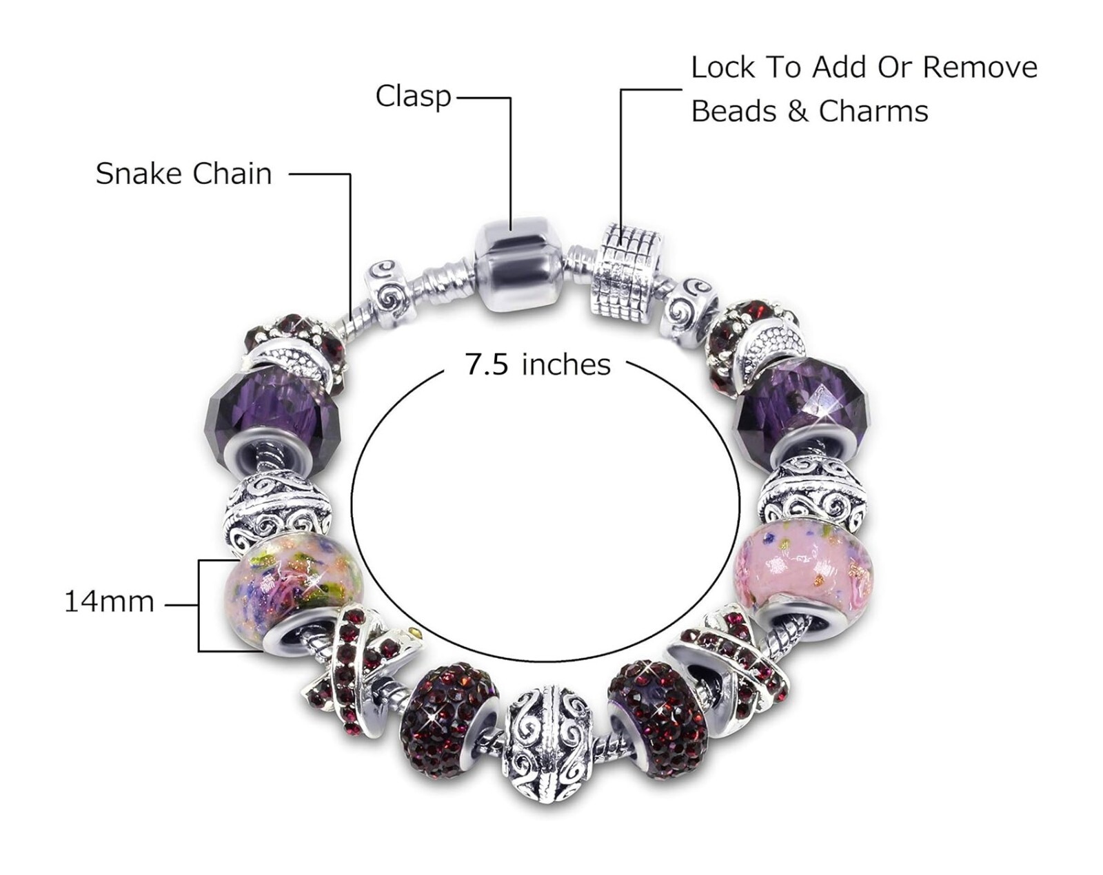 18K White Gold Plated Purple Crystal Charm Bracelet Made with Swarovski Elements