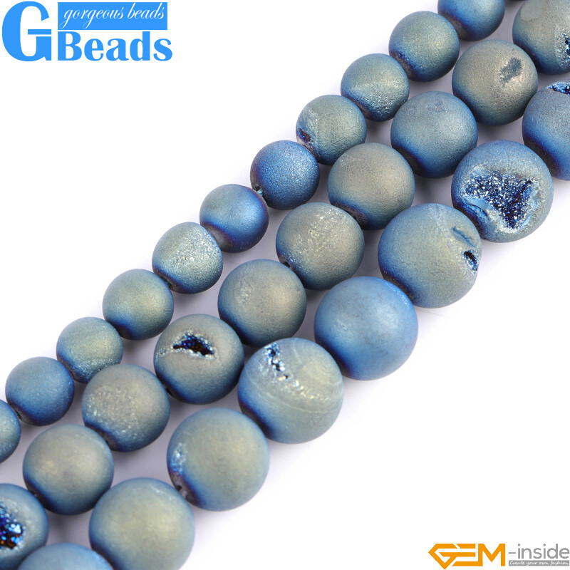 Metallic Titanium Coated Drusy Druzy Quartz Agate Round Beads Free Shipping 15″