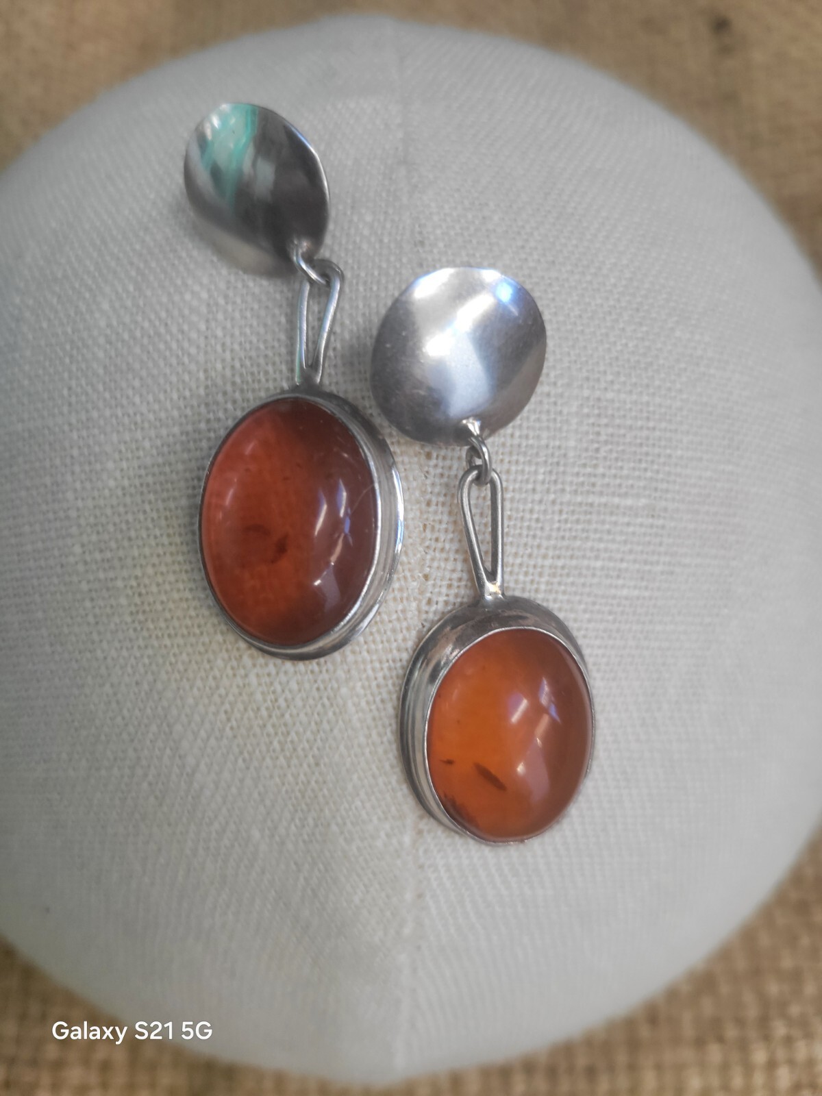 Susan Cummings 2″ Pierced Earrings Modern Silver & Amber McClure’s Nashville Tn