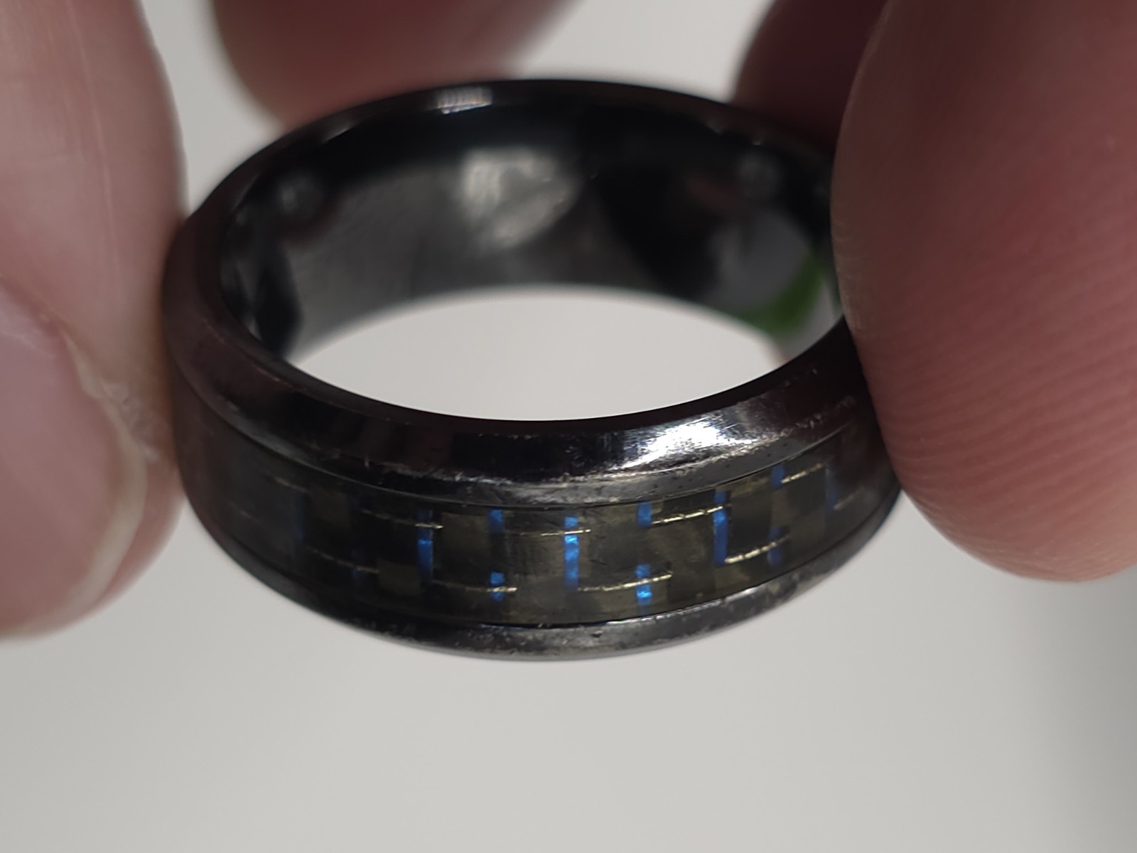 Triton Titanium Wedding Band Ring Approx Size 11 8mm Carbon Fiber Blue Inlay Box