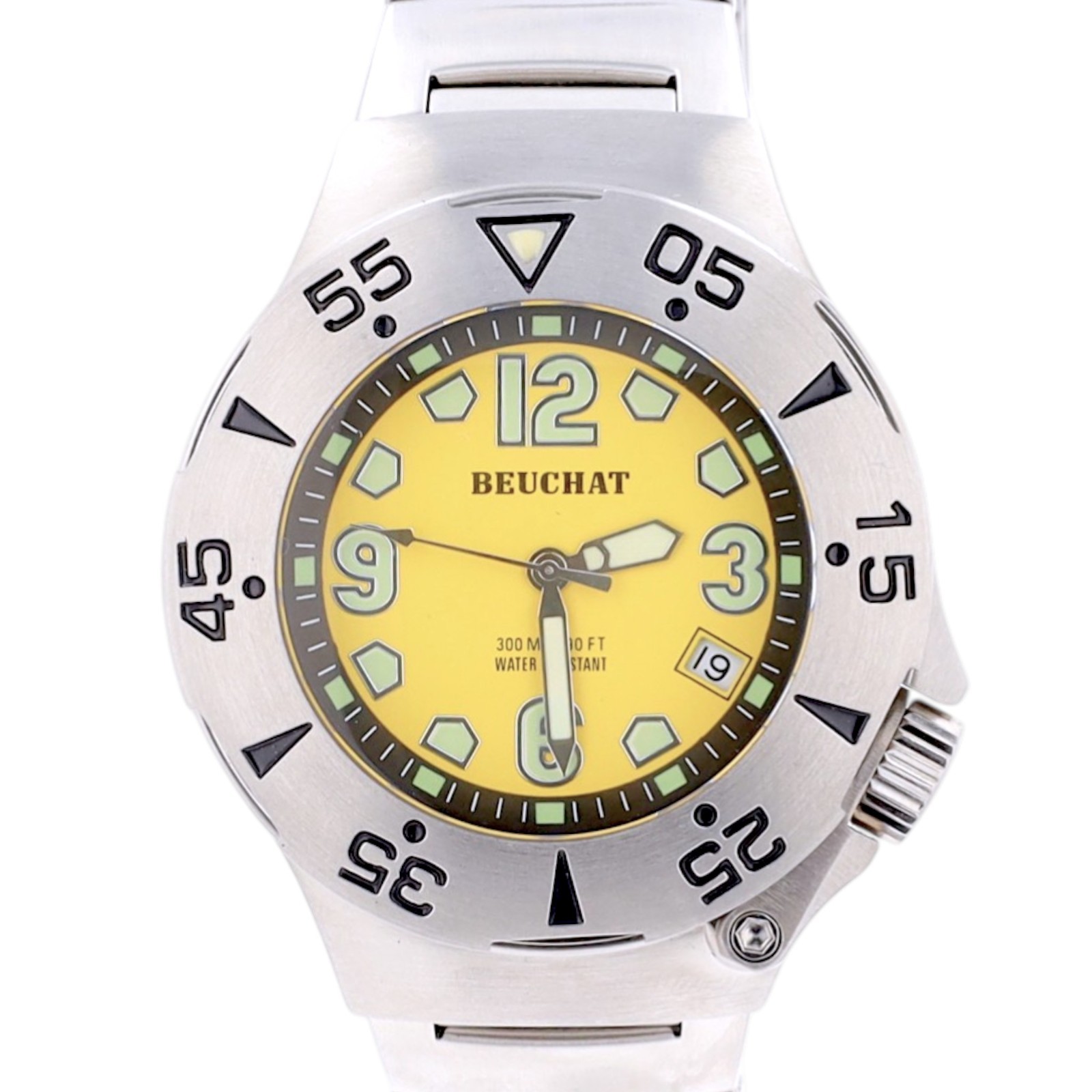 Beuchat Mens Diver Watch Yellow Dial 300M Swiss Steel Quartz Date Bracelet