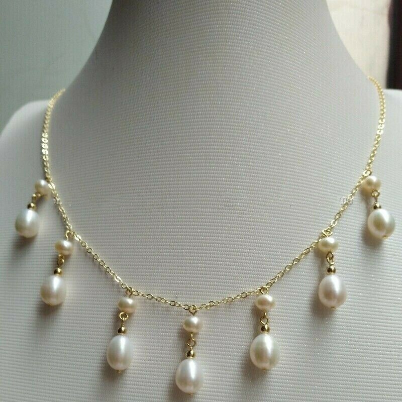New Akoya Natural White Pearl Necklace 18″ 14k Yellow Gold lady necklace