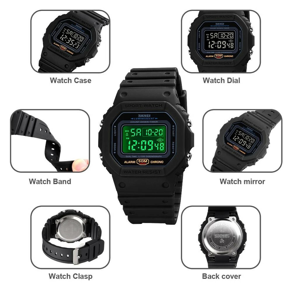 SKMEI Men Sport Watch Rectangle Digital Wristwatch Countdown Electronic Watches