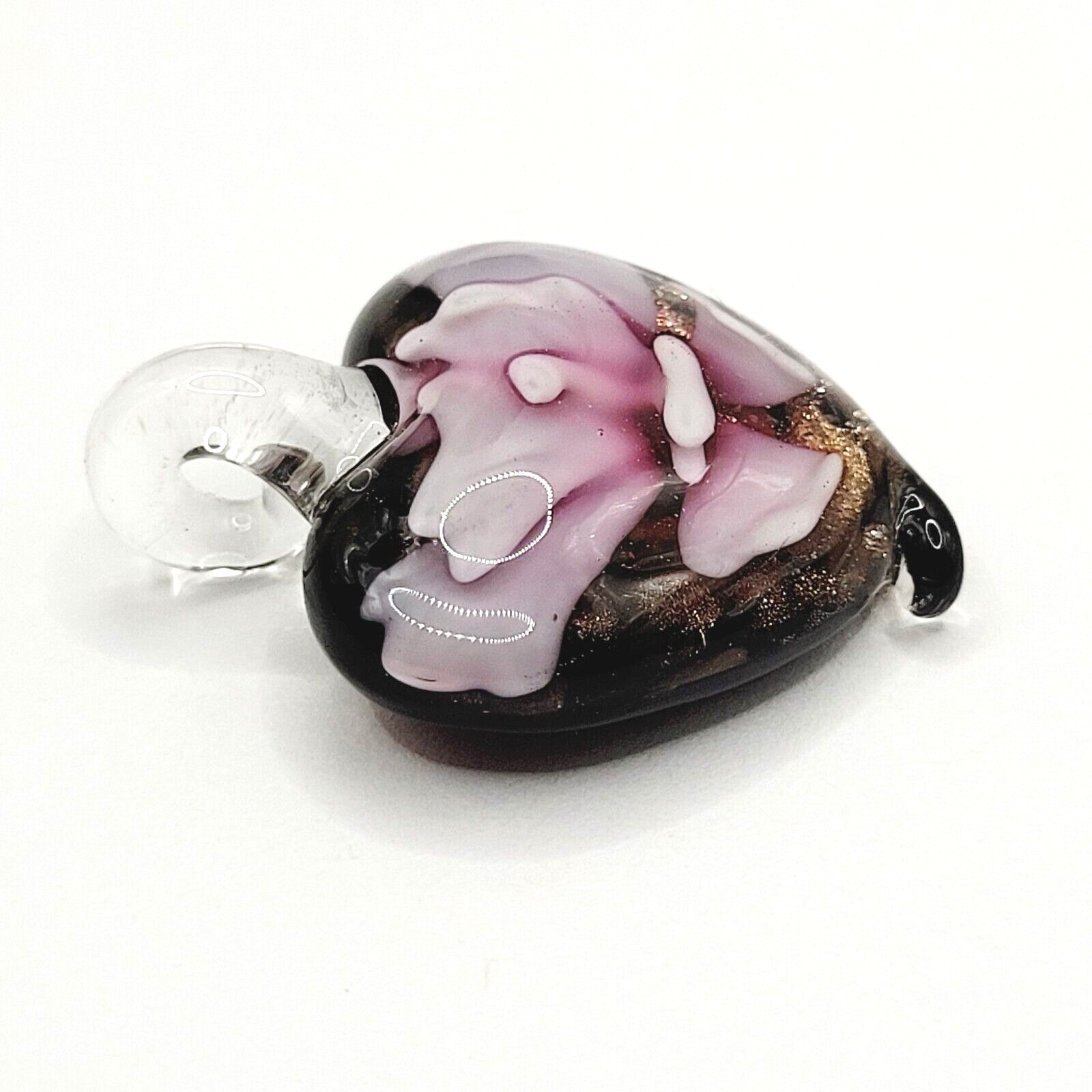 Glass Heart Dusty Rose Artisan Craft Lampwork Style Floral Foil Glitter Pendant