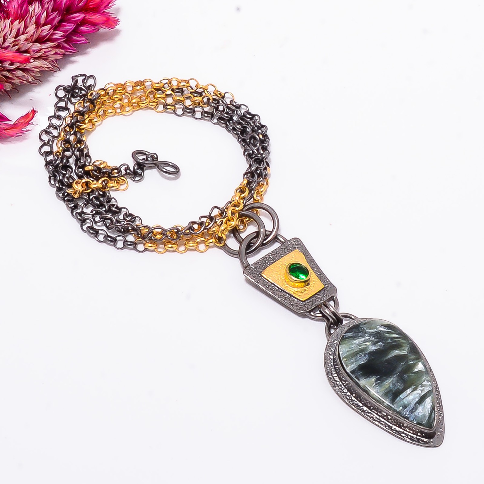 Seraphinite, Tsavorite Gold Rhodium 925 Sterling Silver Chain Pendant 18-22″ Sk4