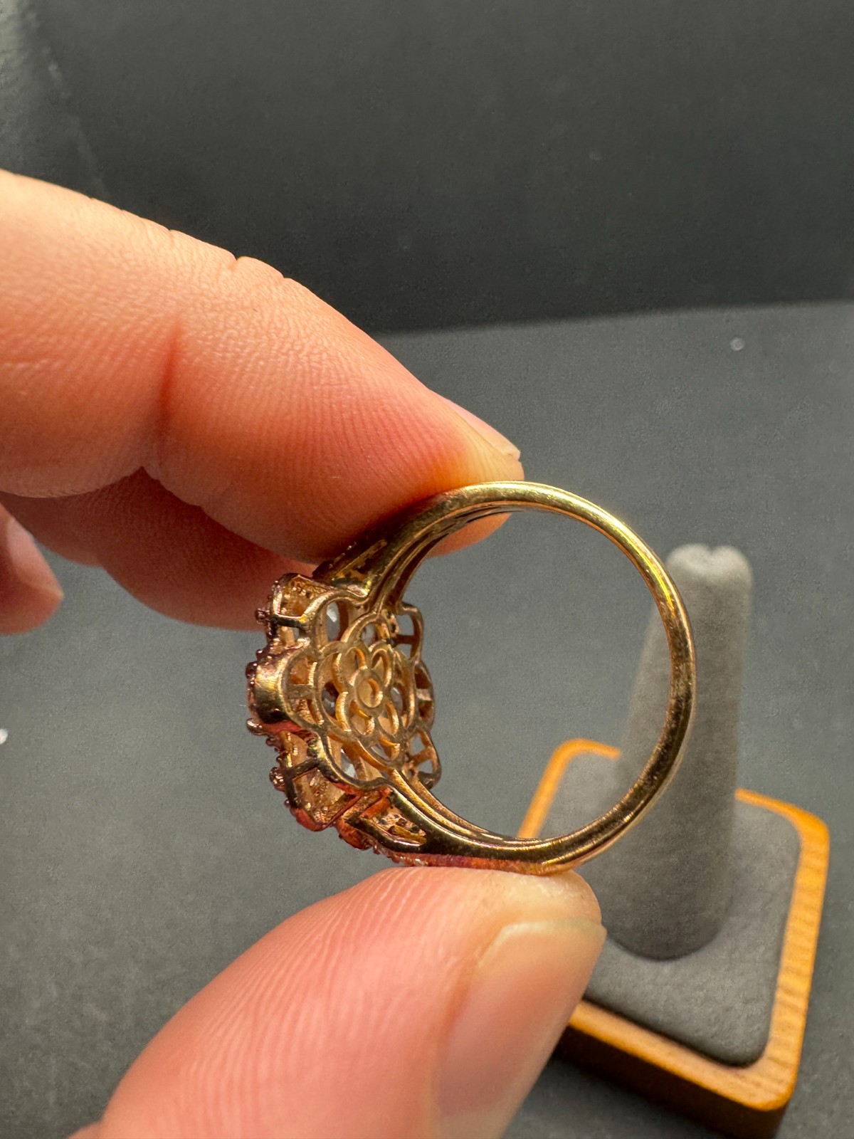 Vtg CN 925 Sterling Silver Rose Gold Morganite CZ Flower Cocktail Ring Sz 10.25