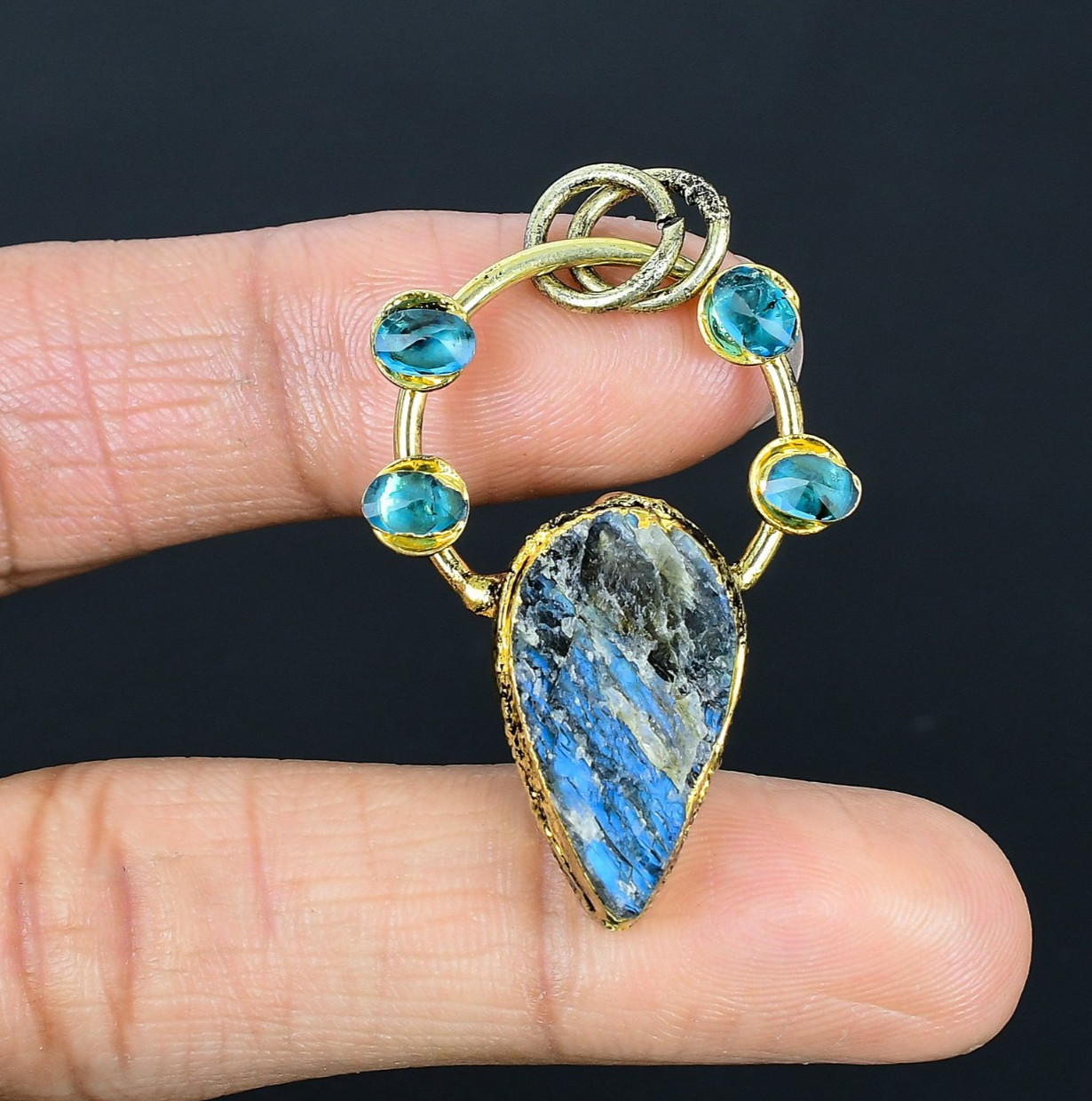 Neon Blue Apatite Handmade Gemstone Copper Electroplated Wedding Pendant Jewelry