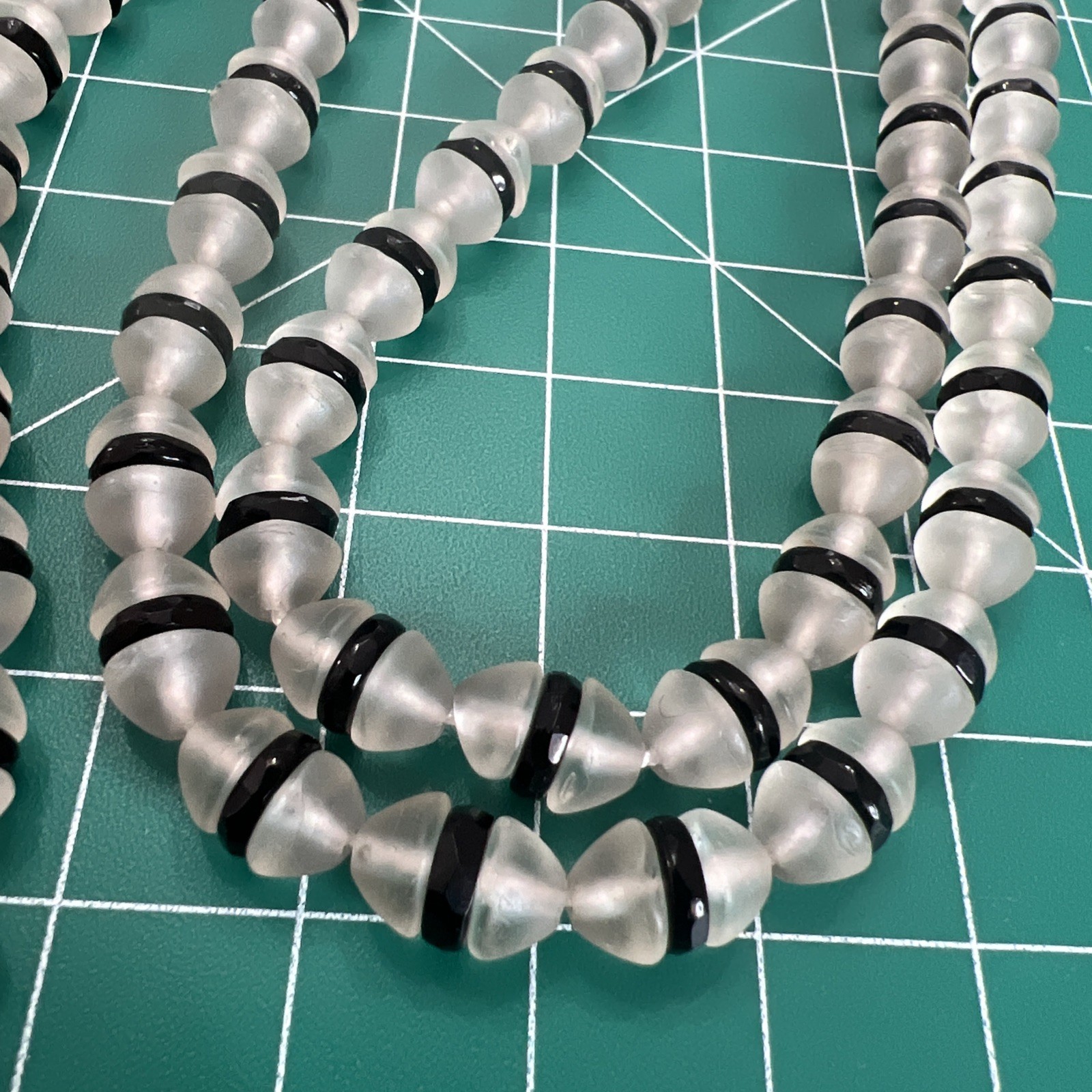 Art Deco Czech Frosted Opaque Glass & Jet Black Rondelle Bead Necklace 40”