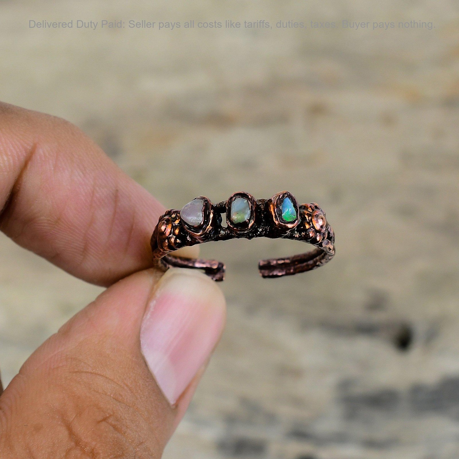 Ethiopian Opal Stone Copper Handcrafted Electroformed Stackable New Ring Jewelry