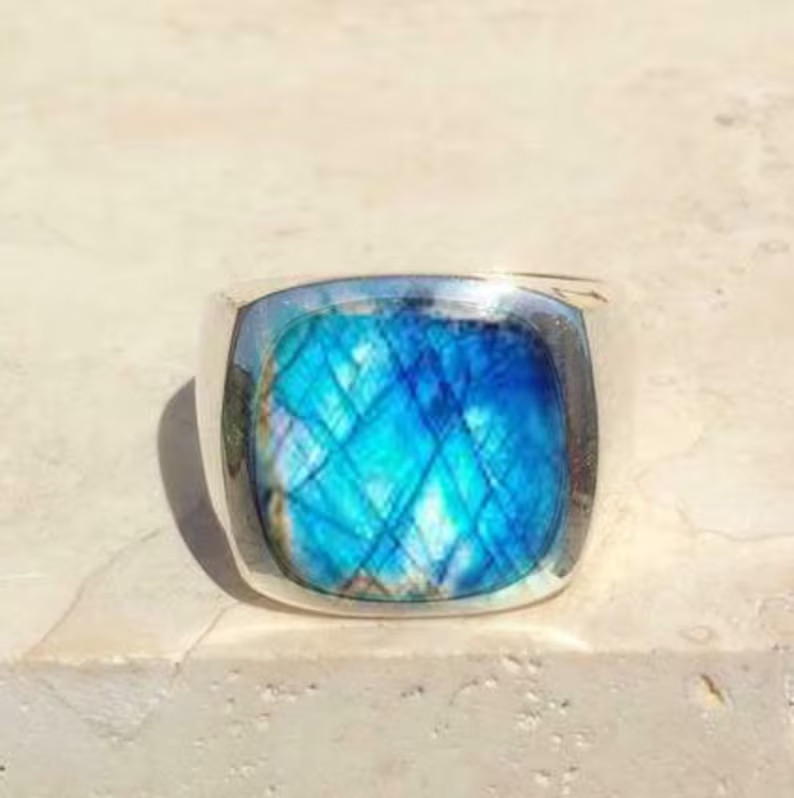 Solid 925 Sterling Silver Natural Blue Labradorite Gemstone Men’s Unisex Ring