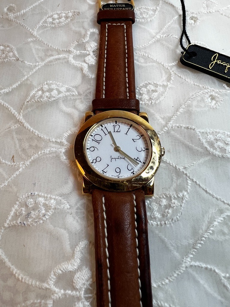 Vintage Jacques Farel Gold Toned Case White Dial Leather Band DD