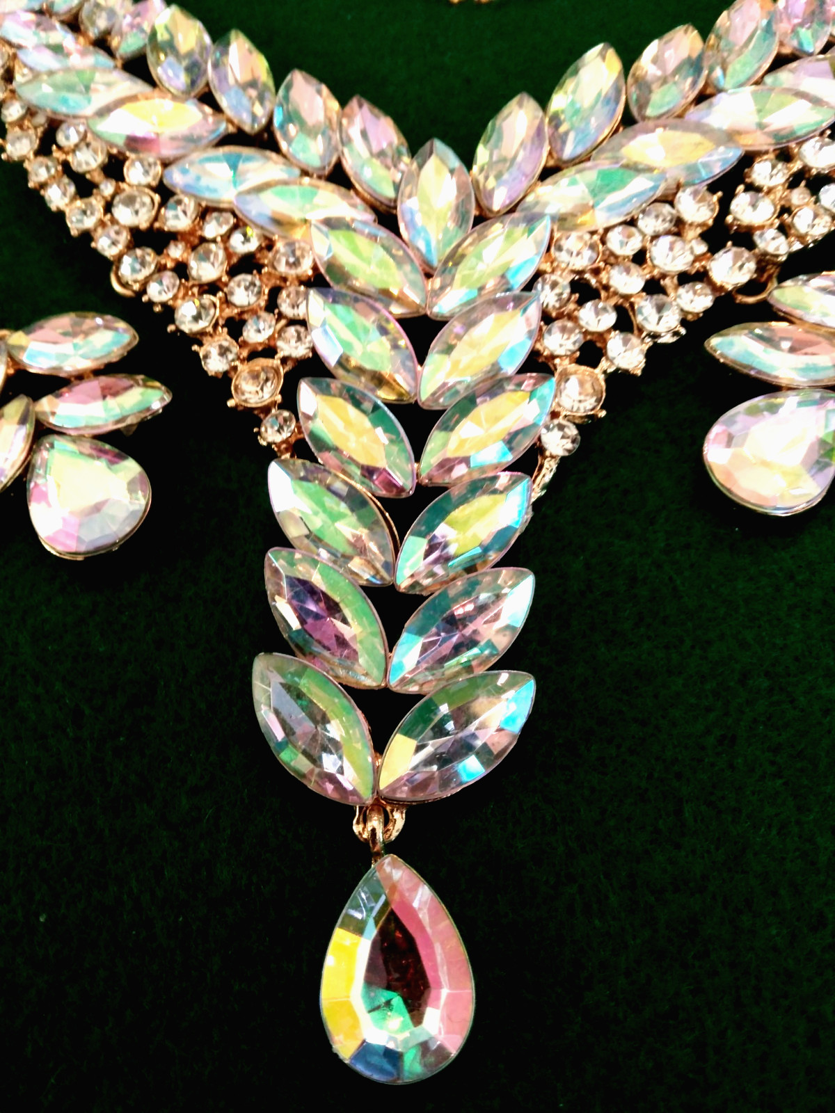 Contemporary Necklace Set Acrylic AB Marquis Stones Gold Tone Pierced Bridal