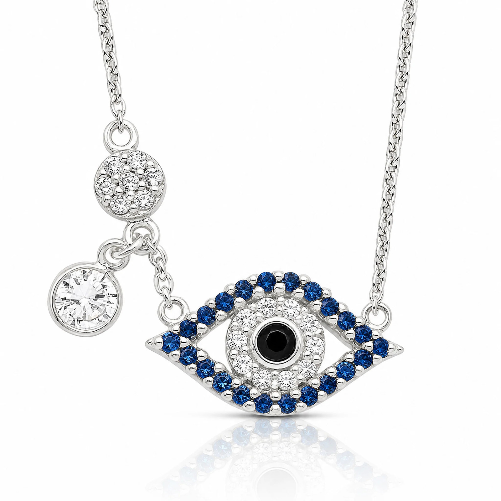 Sterling Silver Polished CZ Evil Eye Necklace