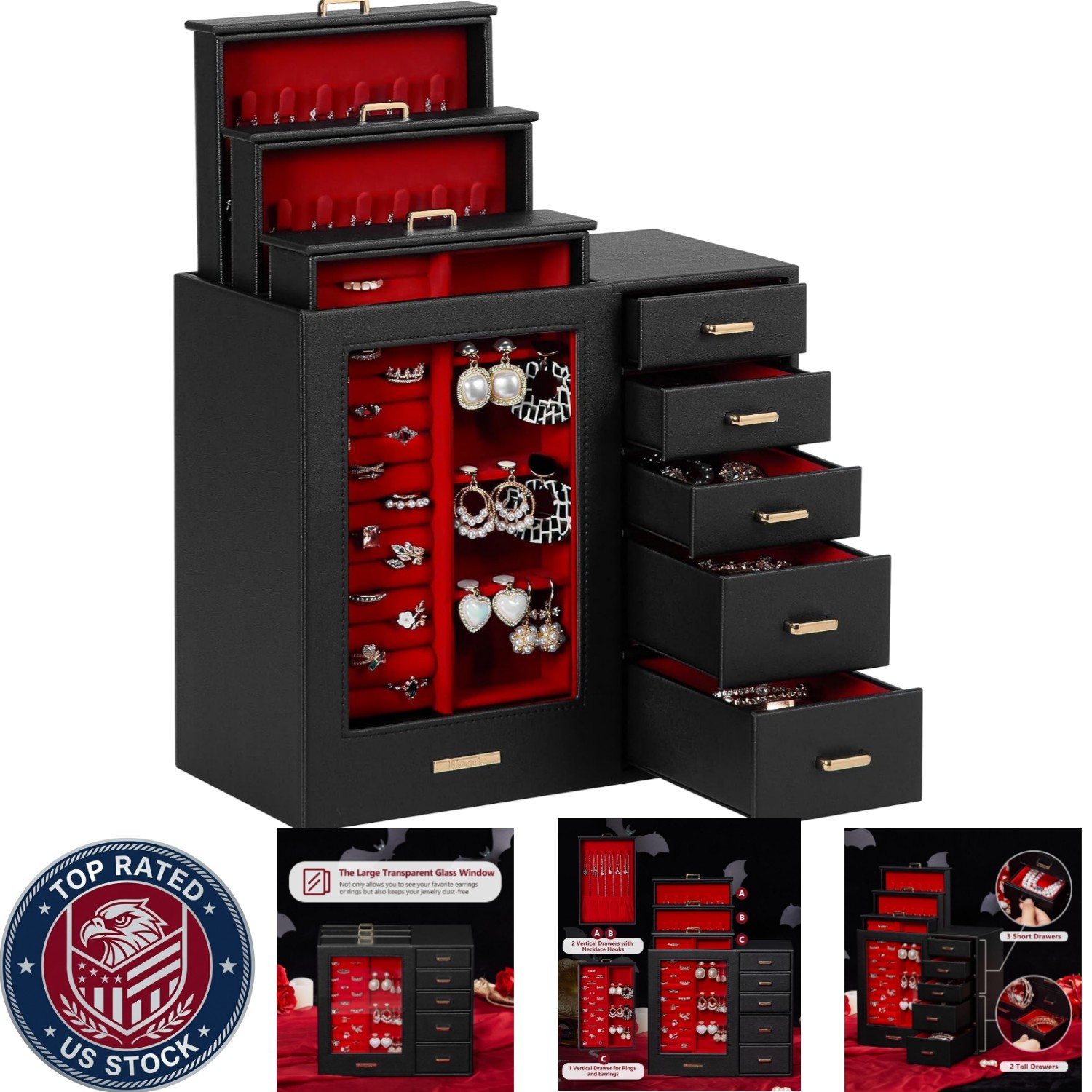 Elegant Large Jewelry Organizer with Glass Window & Velvet Lining – Ideal Gift