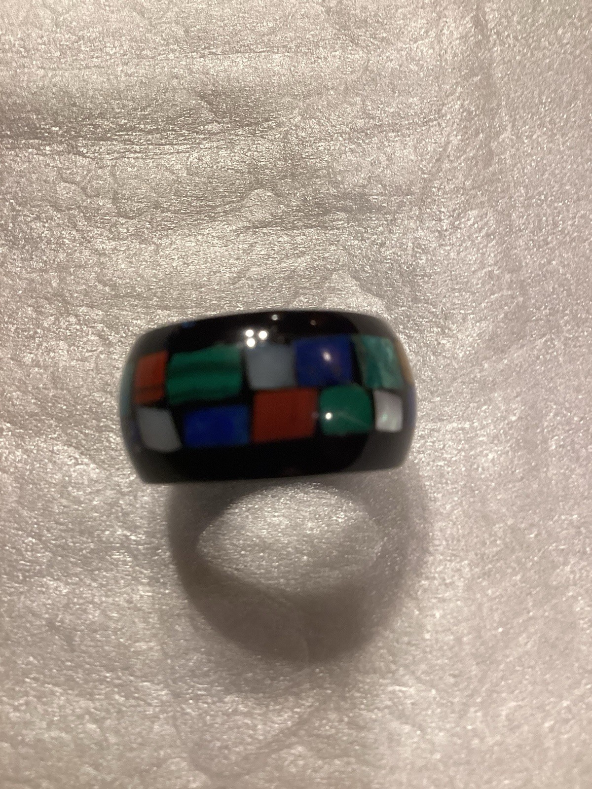 Black Resin Plastic Ring Inlaid With Multi Gemstones Size 6 VGC