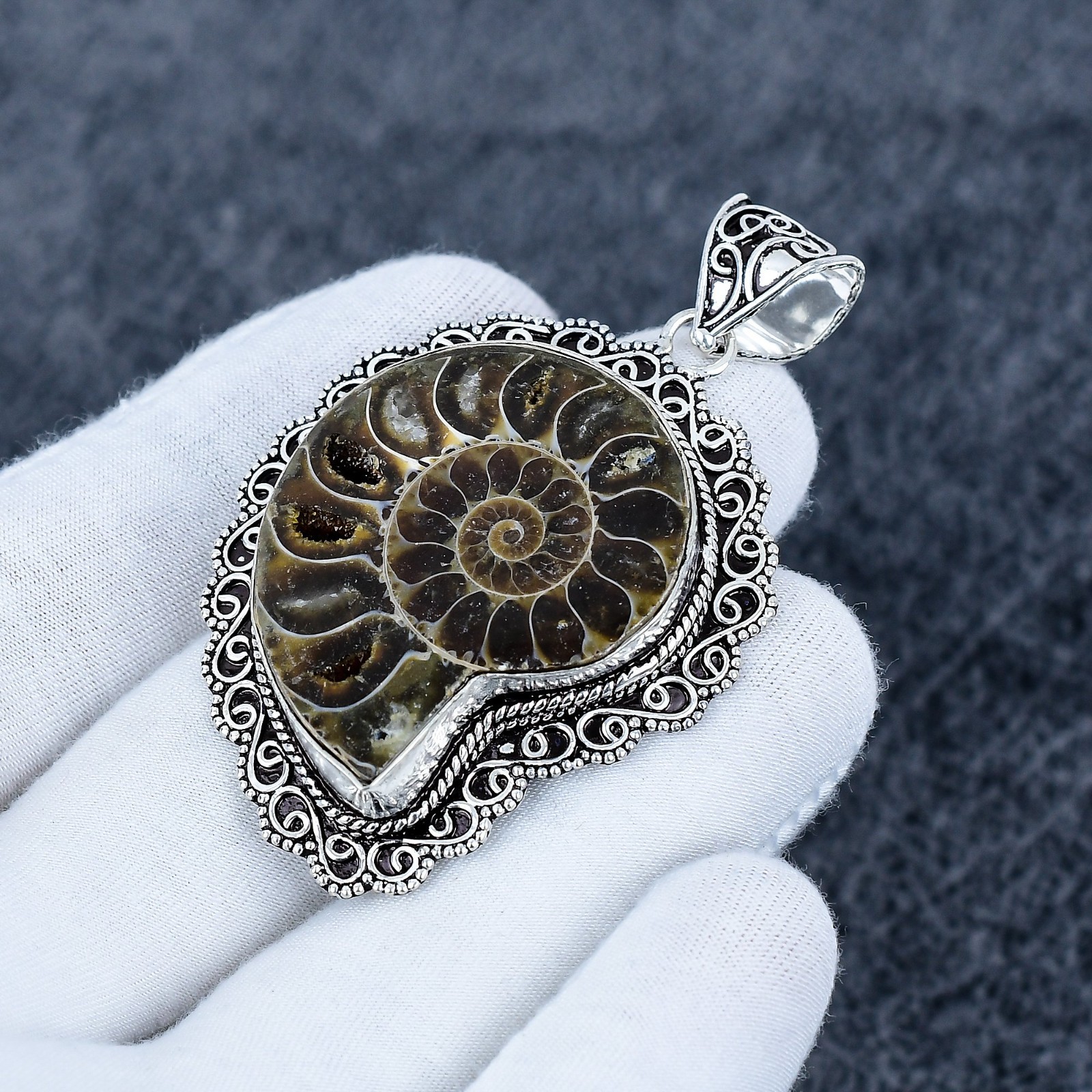 Ammonite Fossil Gemstone Pendant, 925 Sterling Silver Handmade Jewelry, Gift