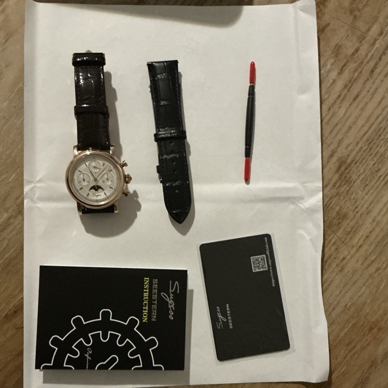 Sugess Seestern Moon Phase Chronograph Manual Mechanical Rose Gold Box Papers