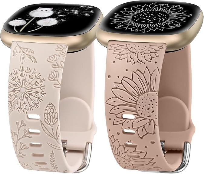 2 Packs Floral Engraved Band Compatible with Fitbit Versa 4/Versa 3/Se