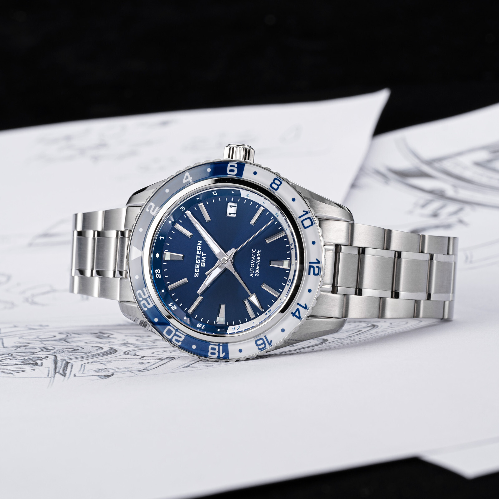 Seestern GMT S456.BE Sapphire Crystal Mechanical Mens NH34 Watch SEAGULL 1963