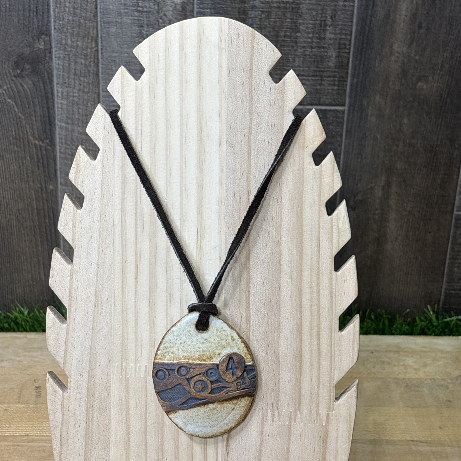 Vintage Artisan Ceramic Pendant Necklace Leather Cord Abstract