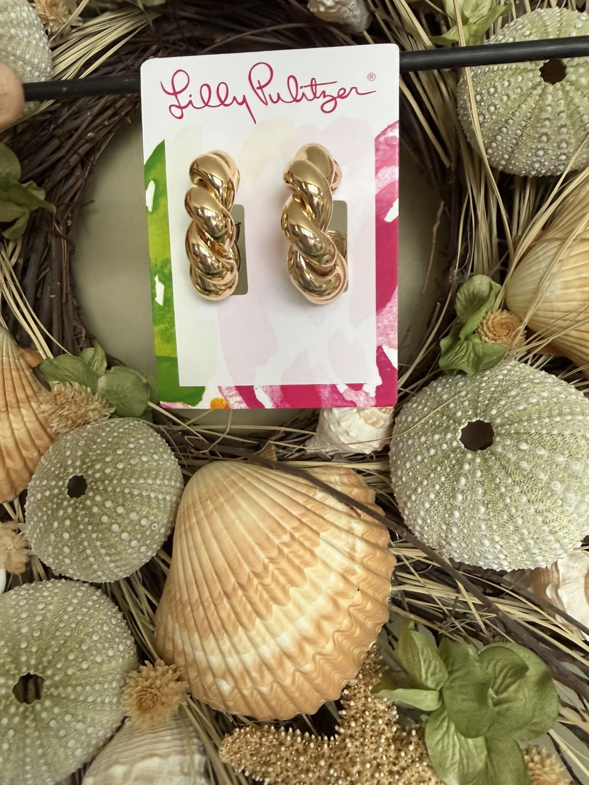 New Lilly Pulitzer Island Escape Gold Twist Hoop Earrings NWT