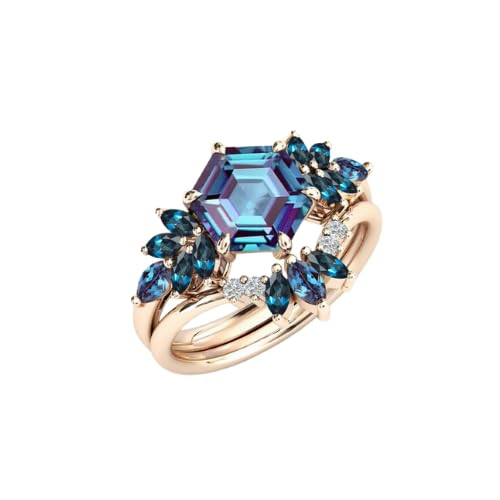 2Pcs Hexagon Cut 925 Silver Cluster Engagement Ring Set for Women (Alexandrite)
