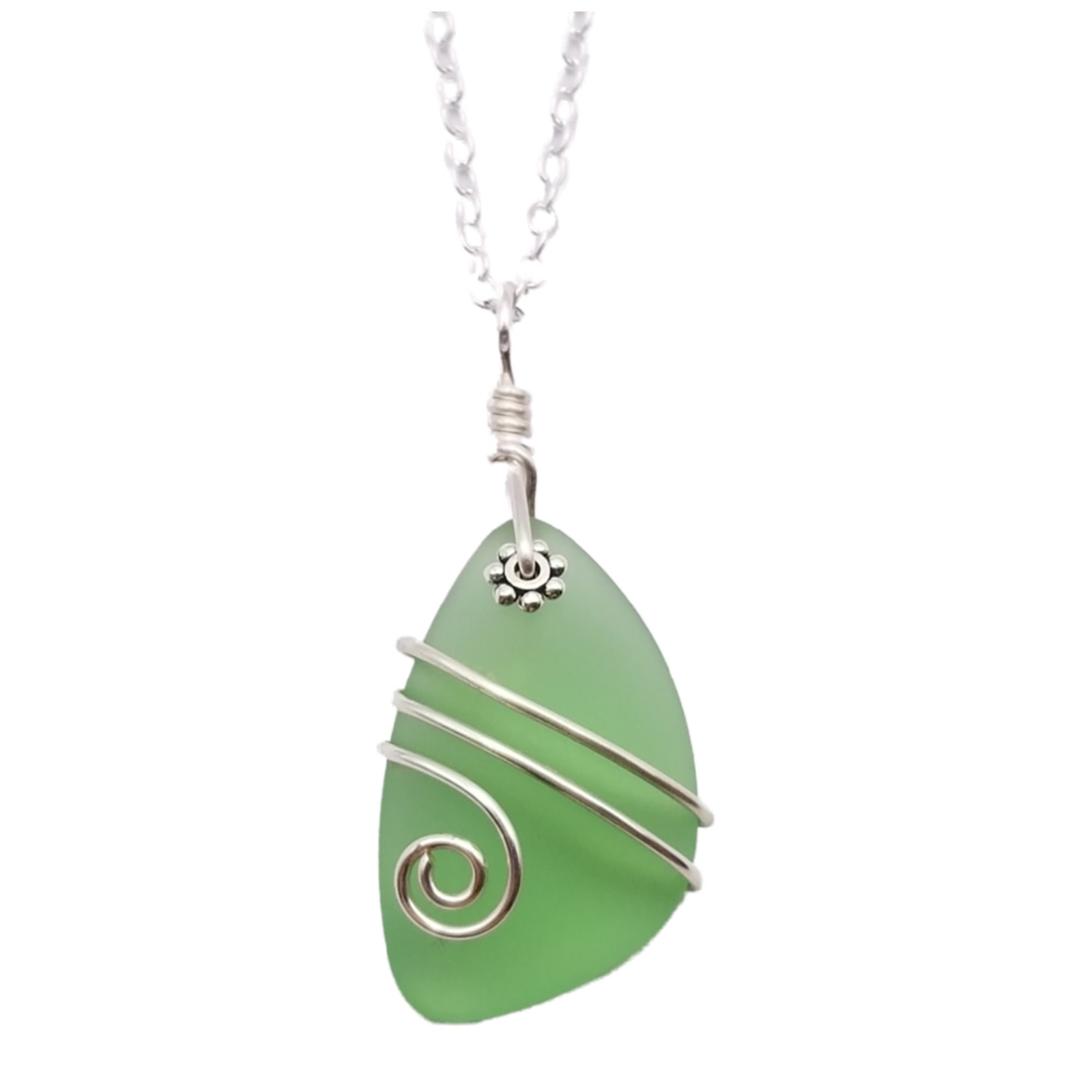 Hawaiian Jewelry Sea Glass Necklace, Wire Peridot Green Necklace, Unique Beach