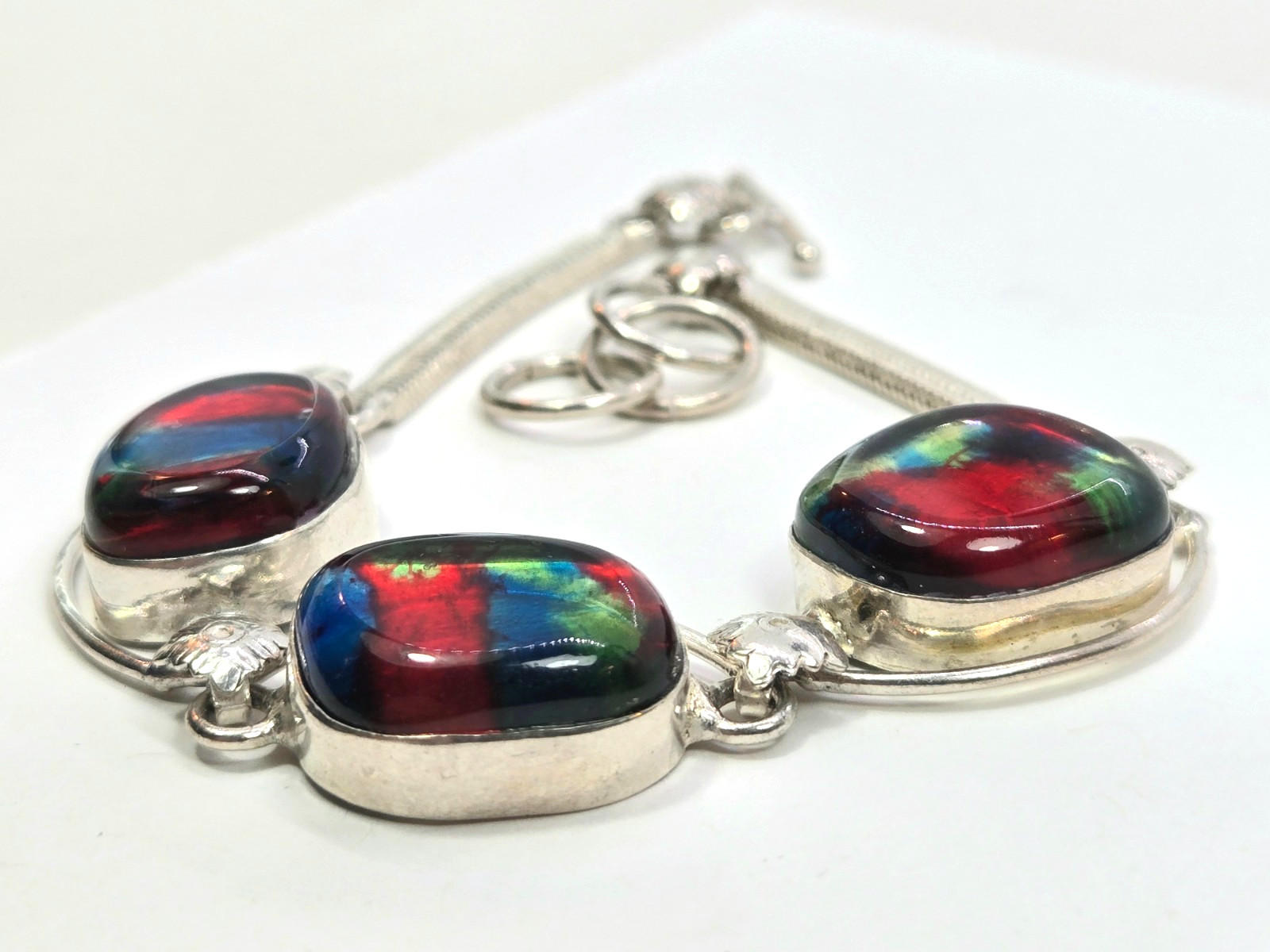 Red Blue Dichroic Glass Bracelet 925 Sterling Silver Link Toggle Clasp 7.5-8.25″