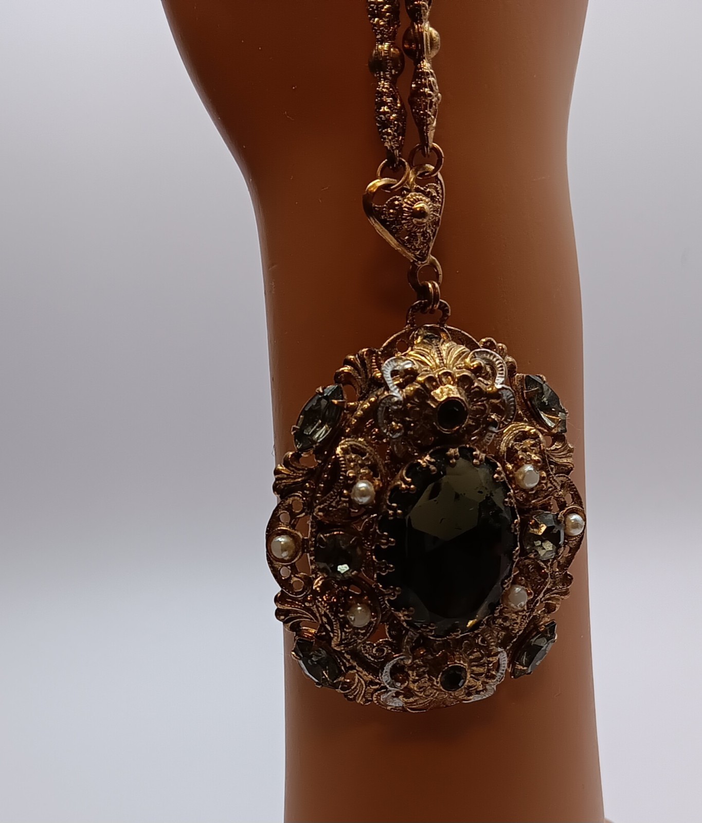 Vtg Western Germany Necklace Smoky Art Glass Faux Pearl Rhinestone Ornate 24″