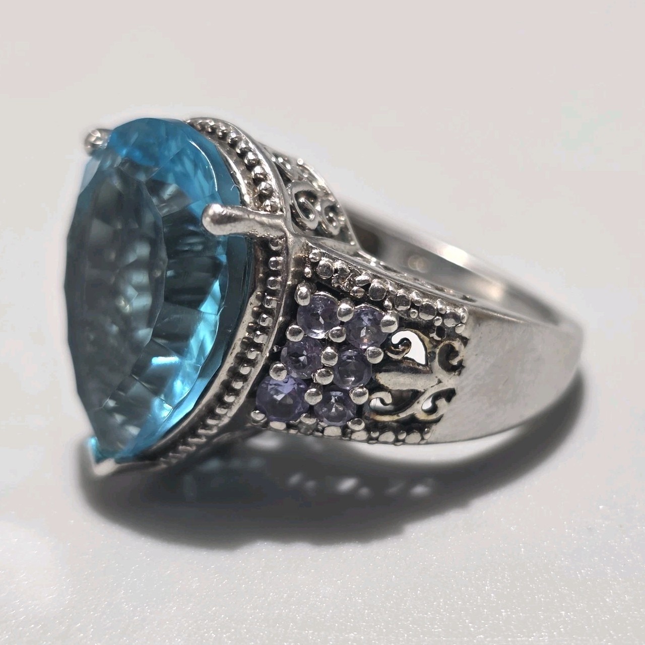 Vintage 925 Sterling Silver Statement Ring w/ Large Blue Topaz Sz 9 Cocktail