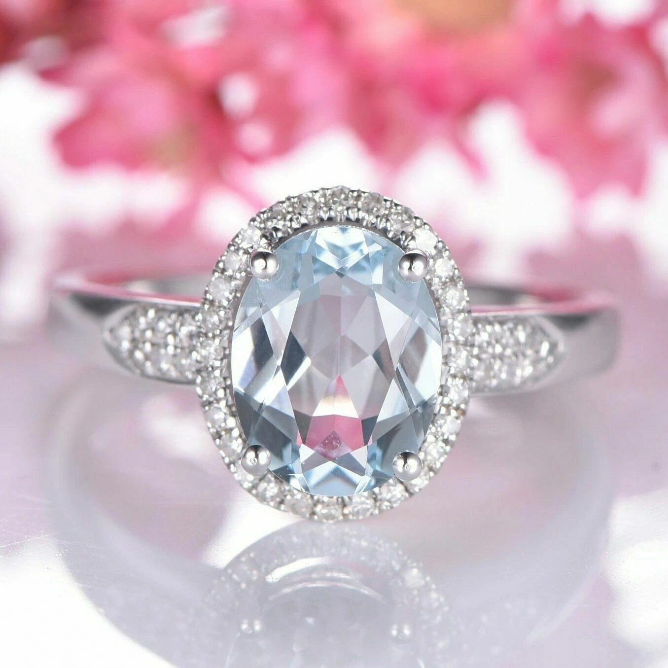 5.20 Ct Oval Cut Natural Aquamarine & Diamond 14K White Gold Engagement Ring
