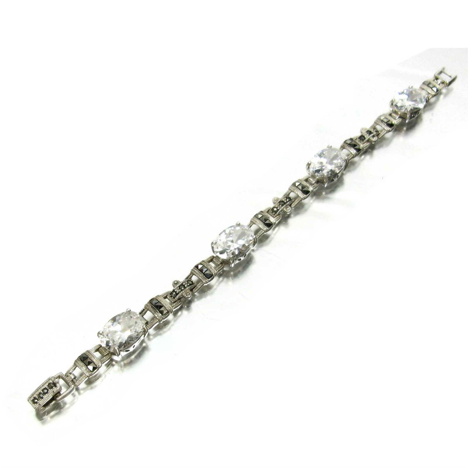 Vintage Sterling Art Deco Style Marcasite CZ Silver Bracelet 7 1/4″