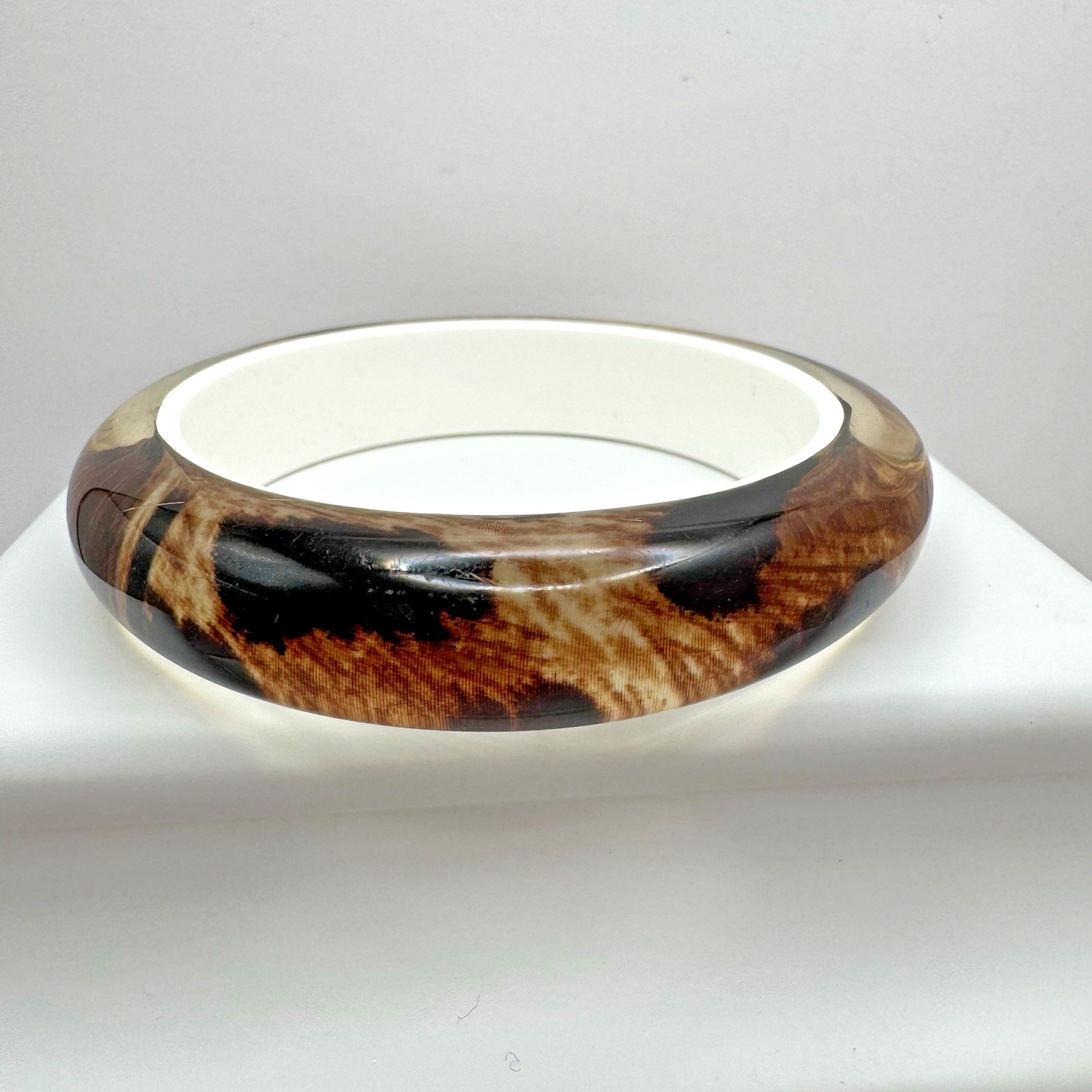 Vintage Animal Print Bracelet Clear Layered Lucite Over Patterned Wide Bangle