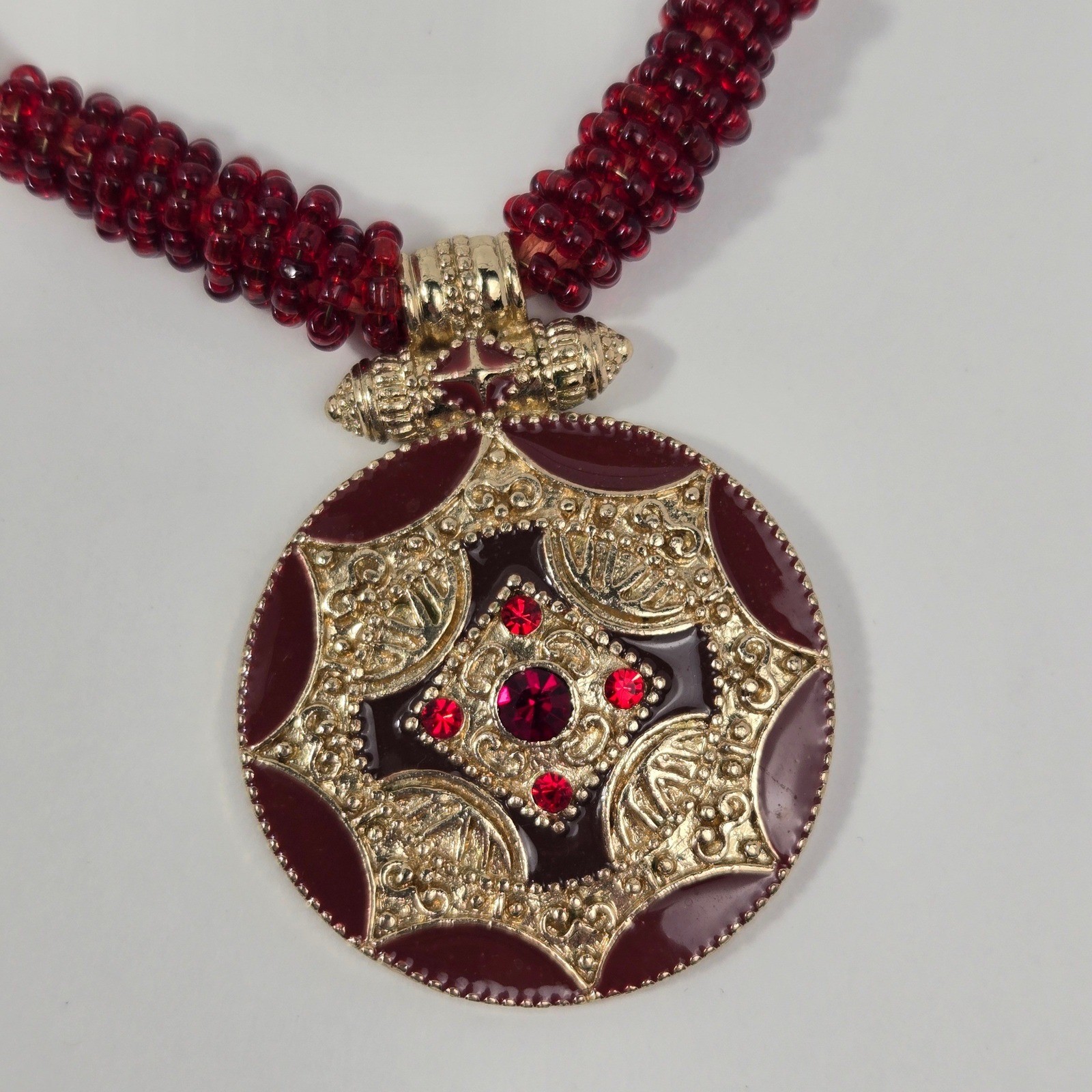 Bijoux Terner Red Enamel Gold Tone Medallion Multi Strand Statement Necklace