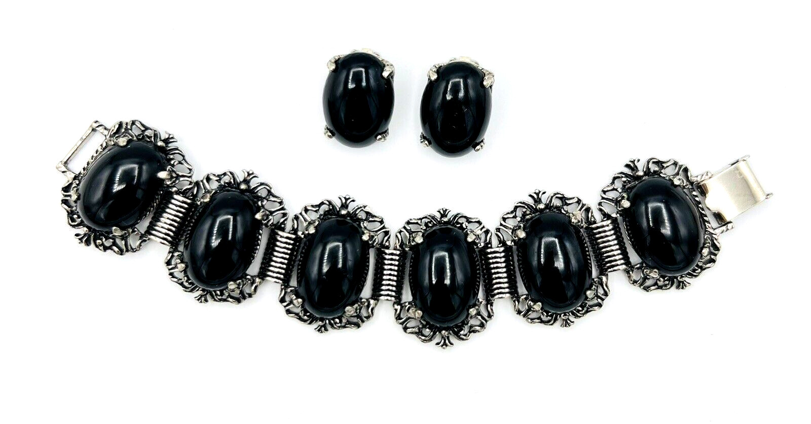 Vintage Silver Tone Black Cabochon Bracelet Clip On Earrings Set
