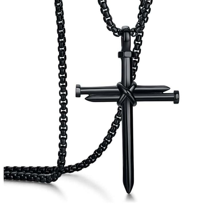 Black Stainless Steel Nail Cross Pendant Necklace For Men Boy 3mm 24” Box Chain