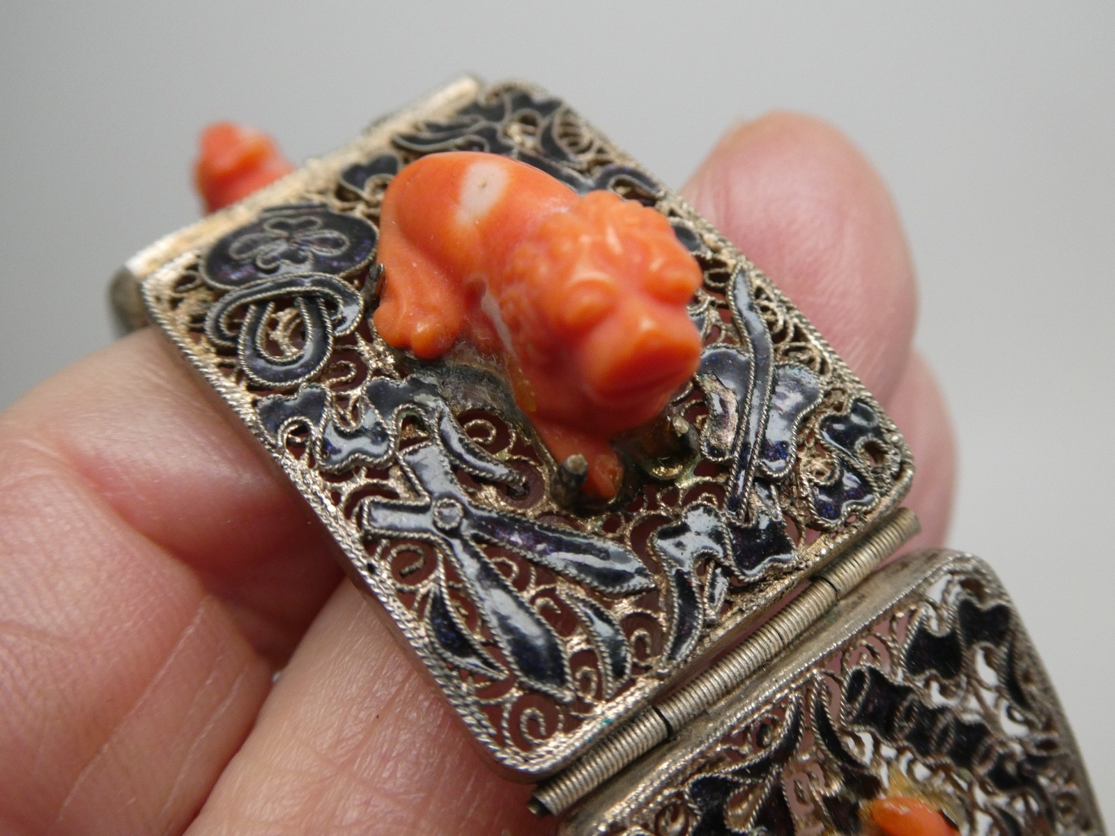 Vintage Chinese Export RARE Coral Lion Enamel Gilded Silver Bracelet Size 6.5″